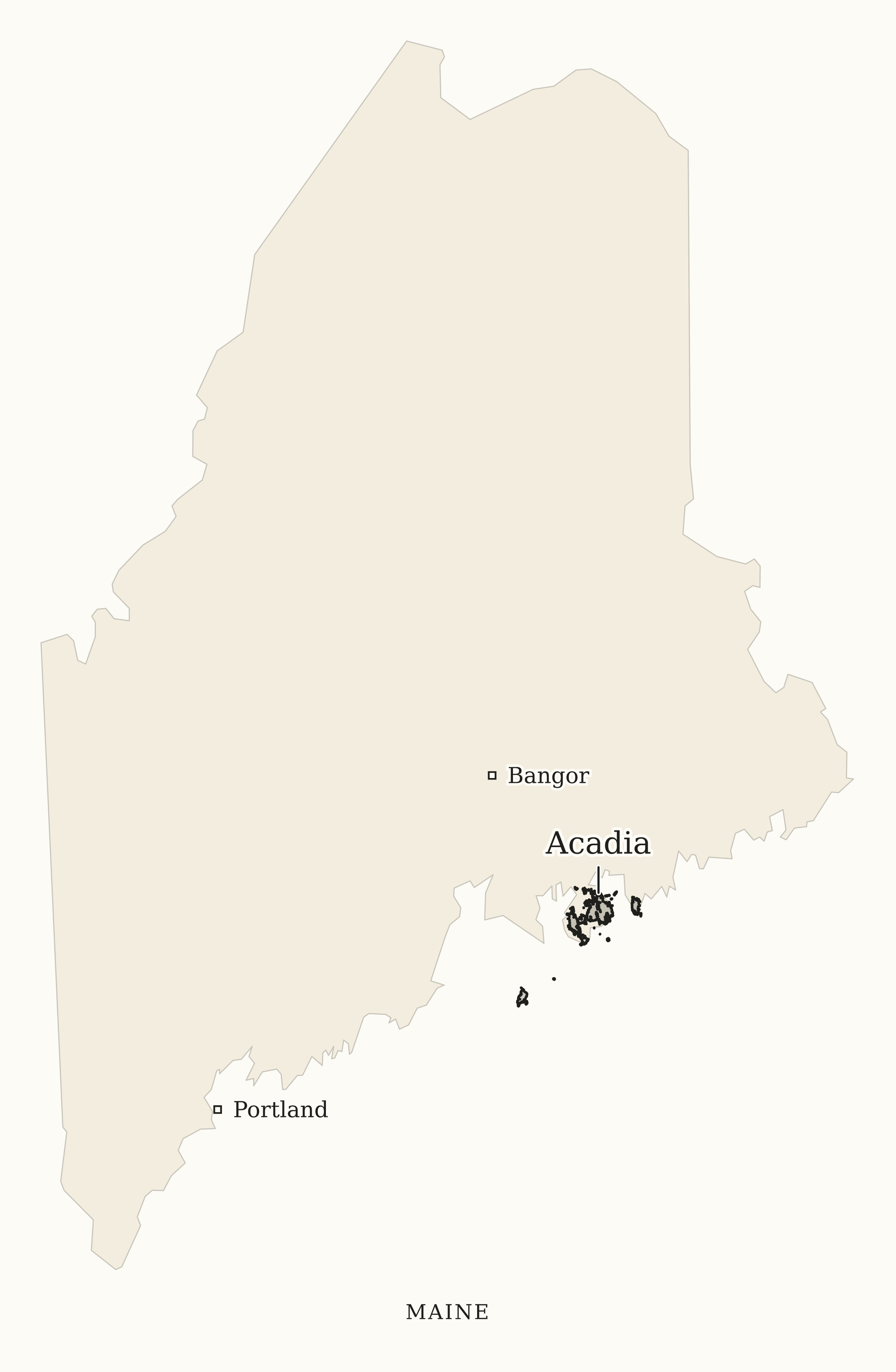 Maine National Parks map: print-friendly map, showing 1 locations: Acadia