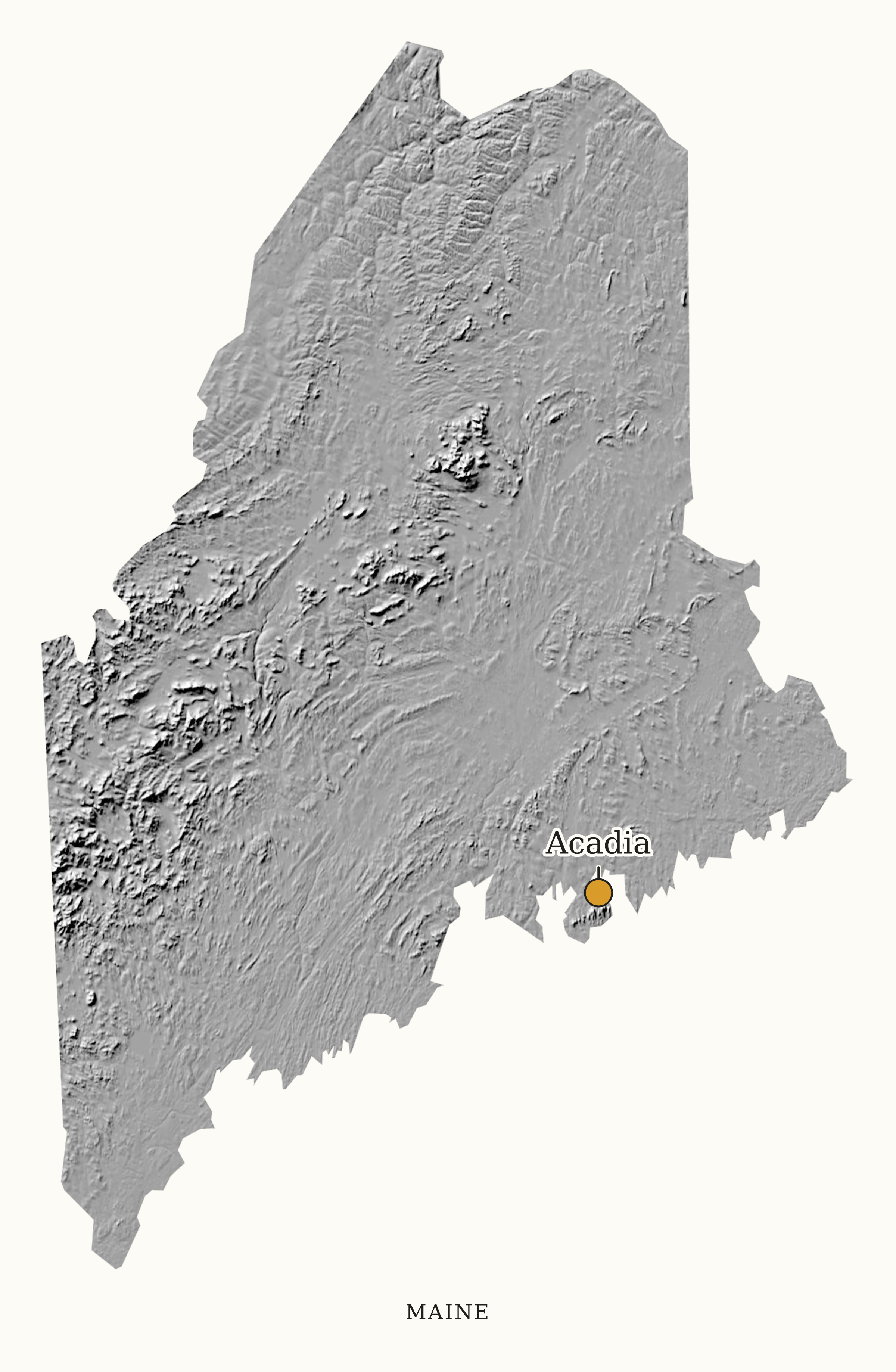 Maine National Parks map: shaded relief map, showing 1 locations: Acadia