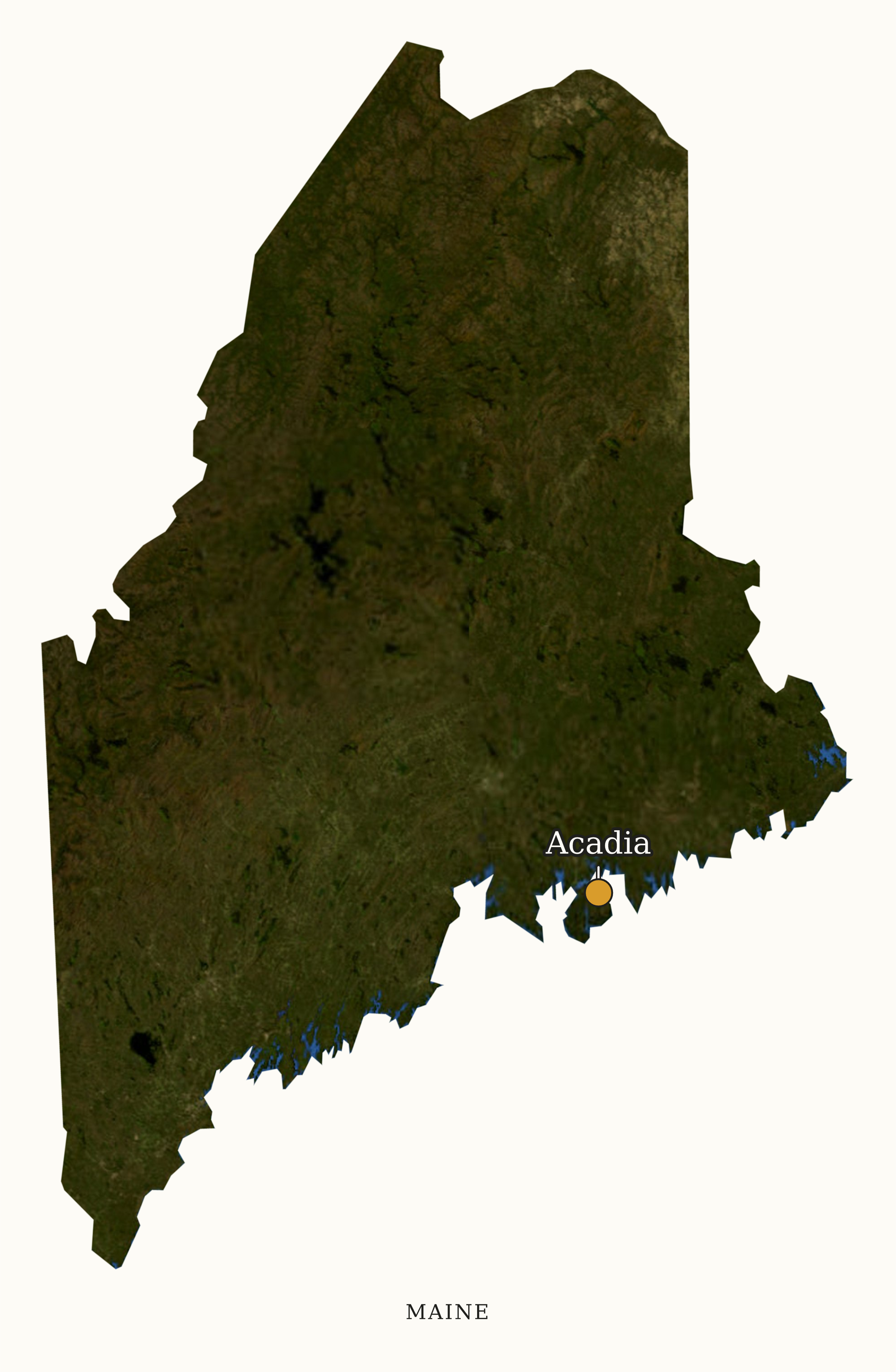 Maine National Parks map: labeled satellite map, showing 1 locations: Acadia