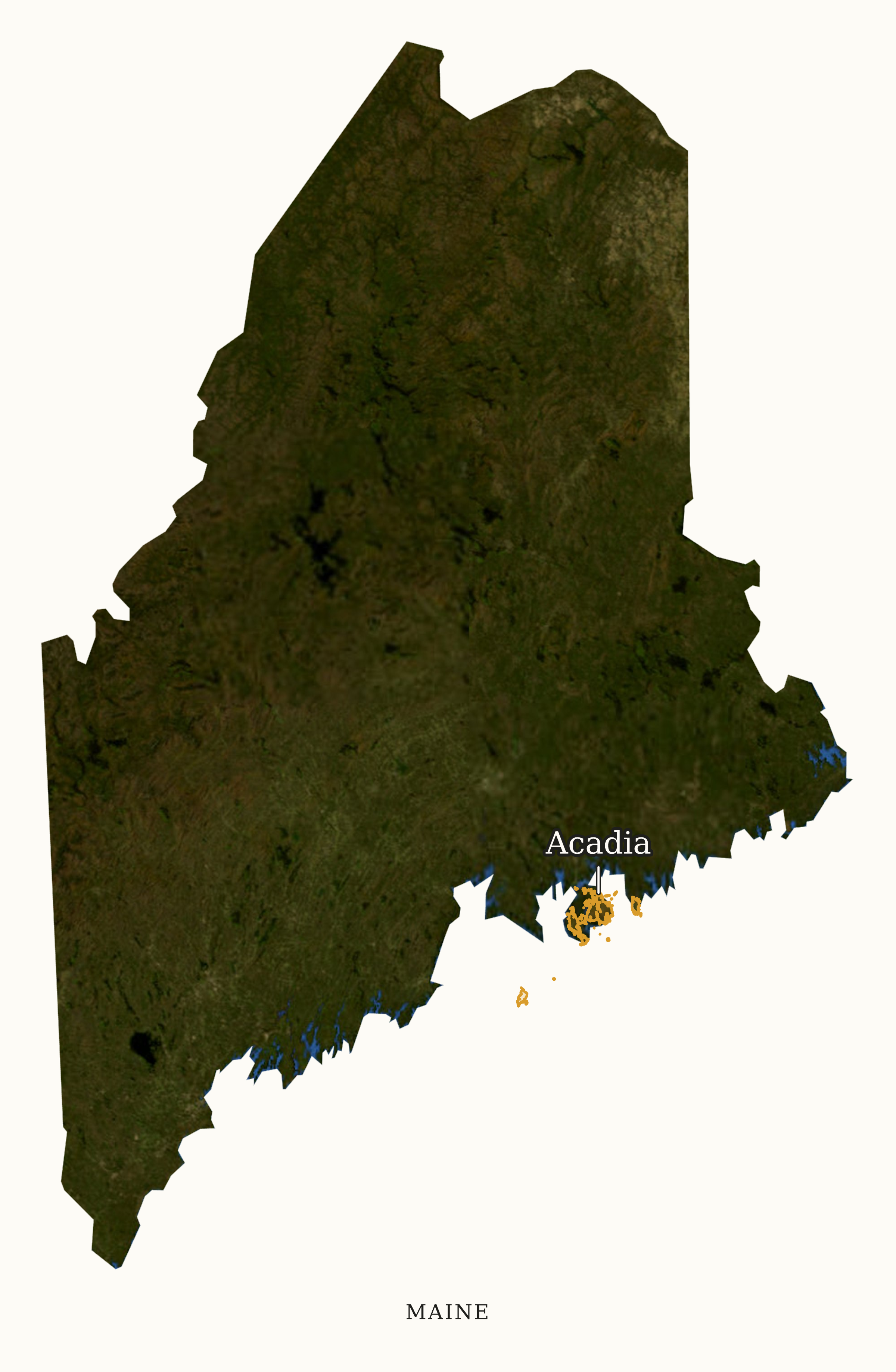 Maine National Parks map: labeled satellite map, showing 1 locations: Acadia