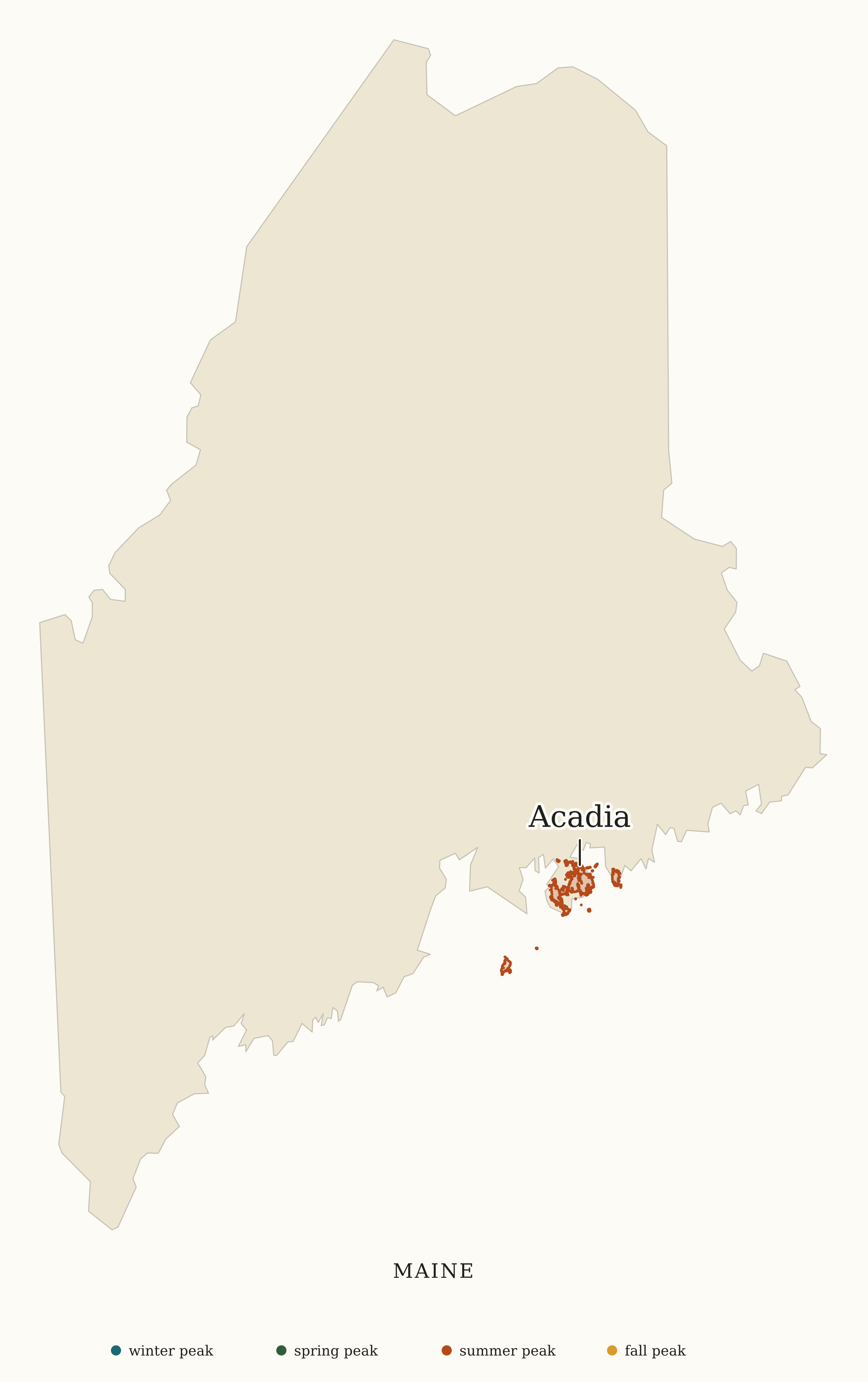 Maine National Parks map: busiest-season map, showing 1 locations: Acadia