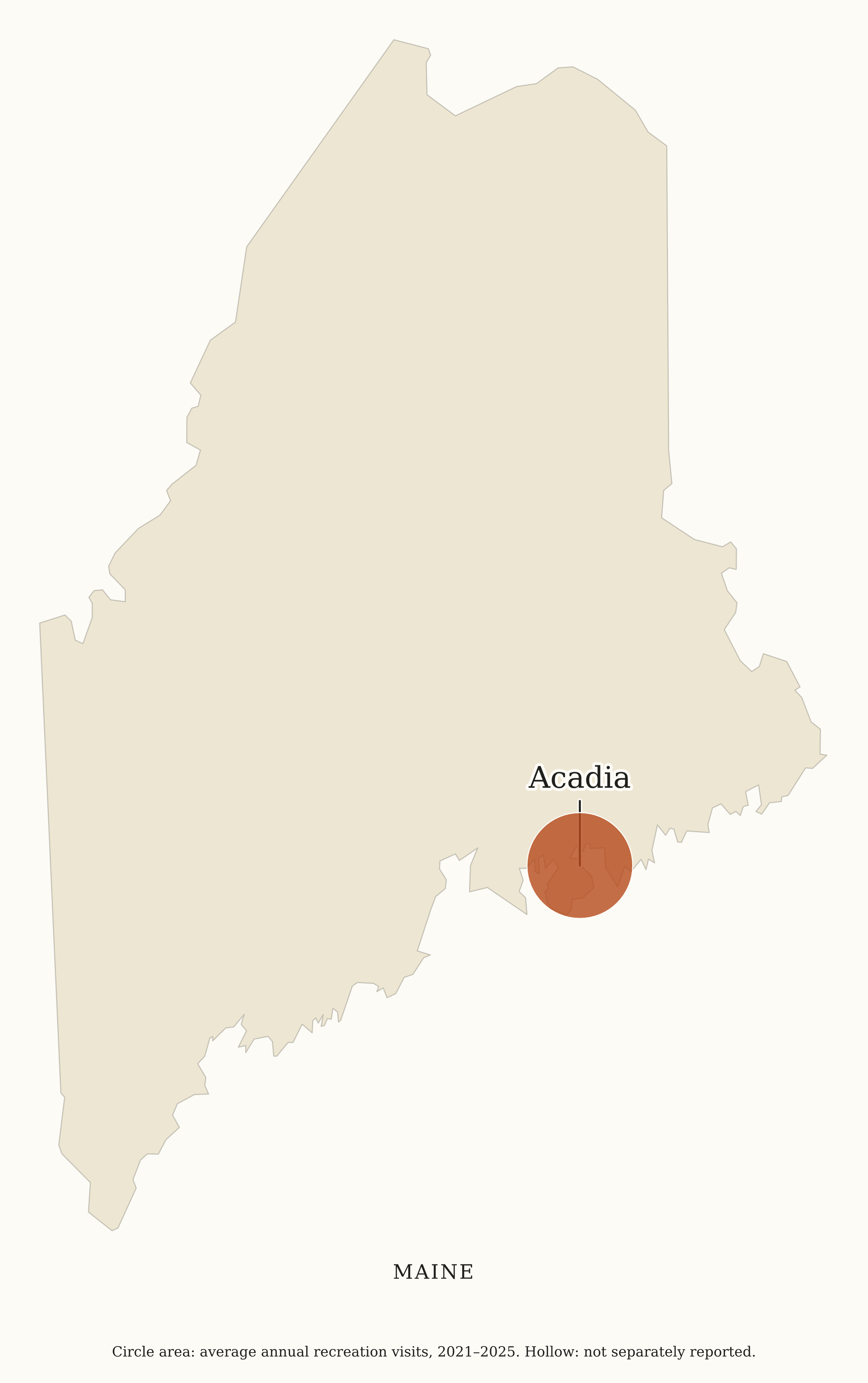 Maine National Parks map: visitation map, showing 1 locations: Acadia