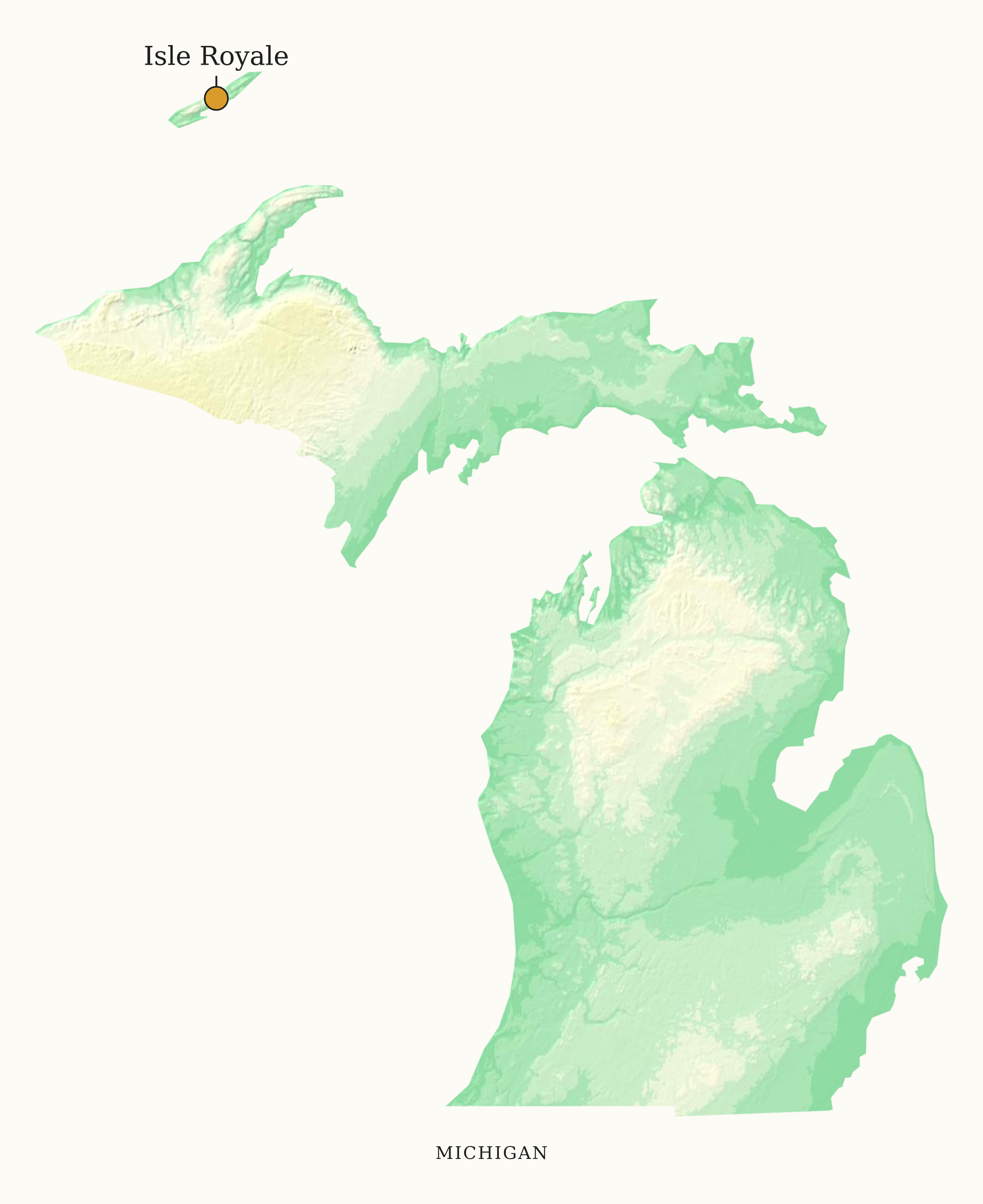 Michigan National Parks map: elevation tint map, showing 1 locations: Isle Royale