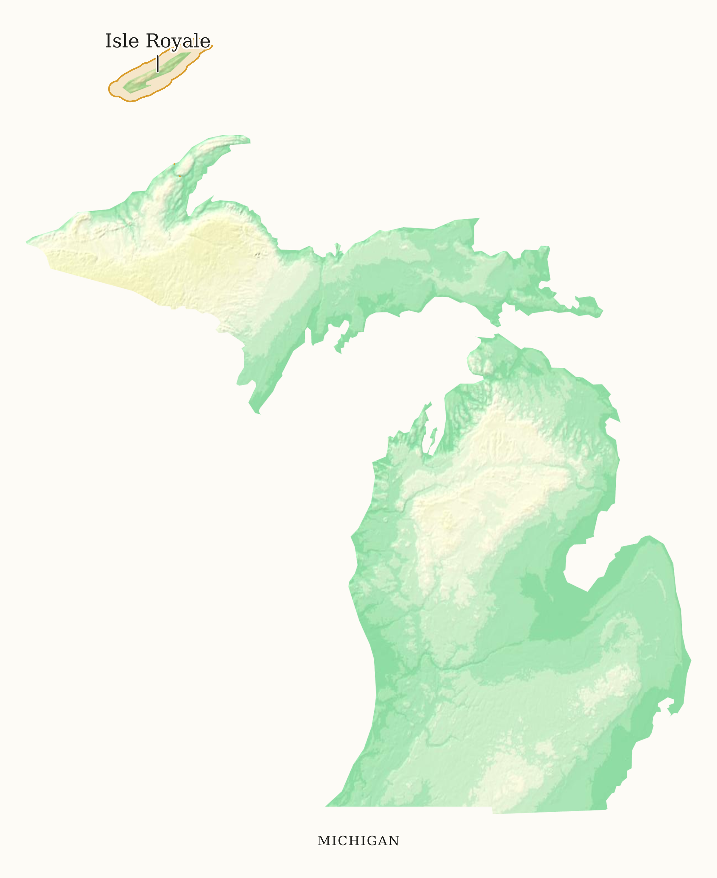 Michigan National Parks map: elevation tint map, showing 1 locations: Isle Royale