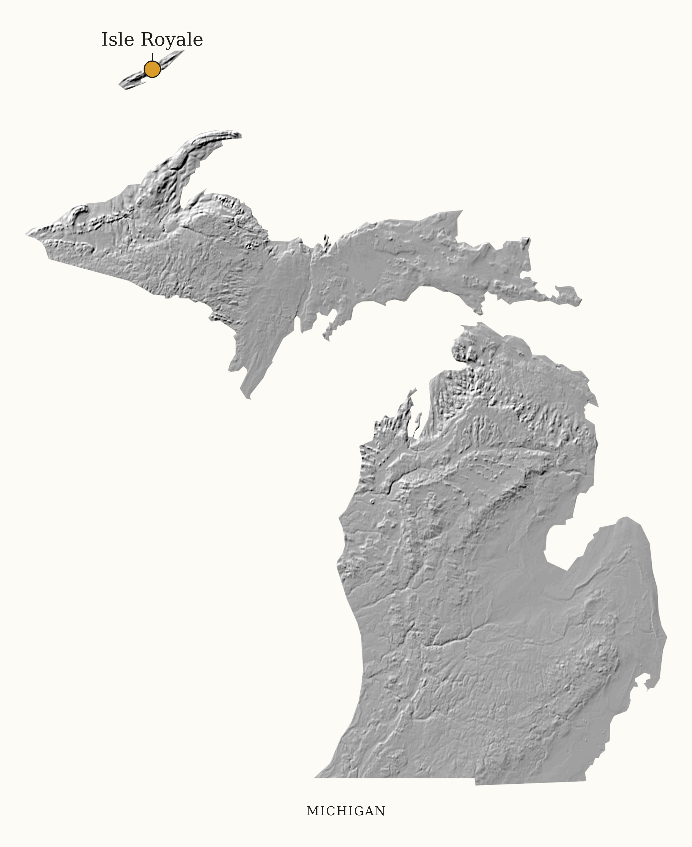 Michigan National Parks map: shaded relief map, showing 1 locations: Isle Royale