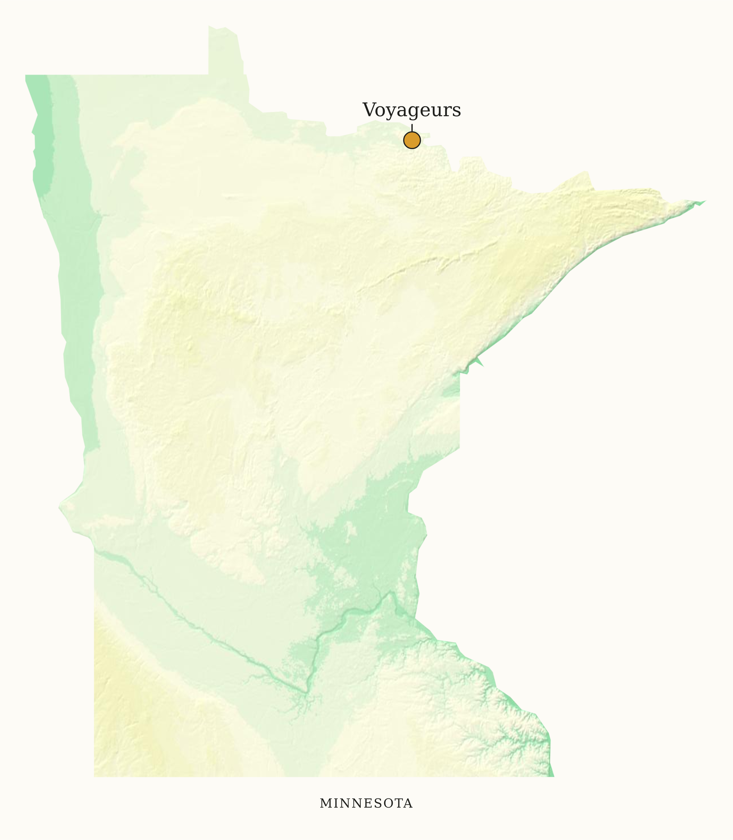 Minnesota National Parks map: elevation tint map, showing 1 locations: Voyageurs