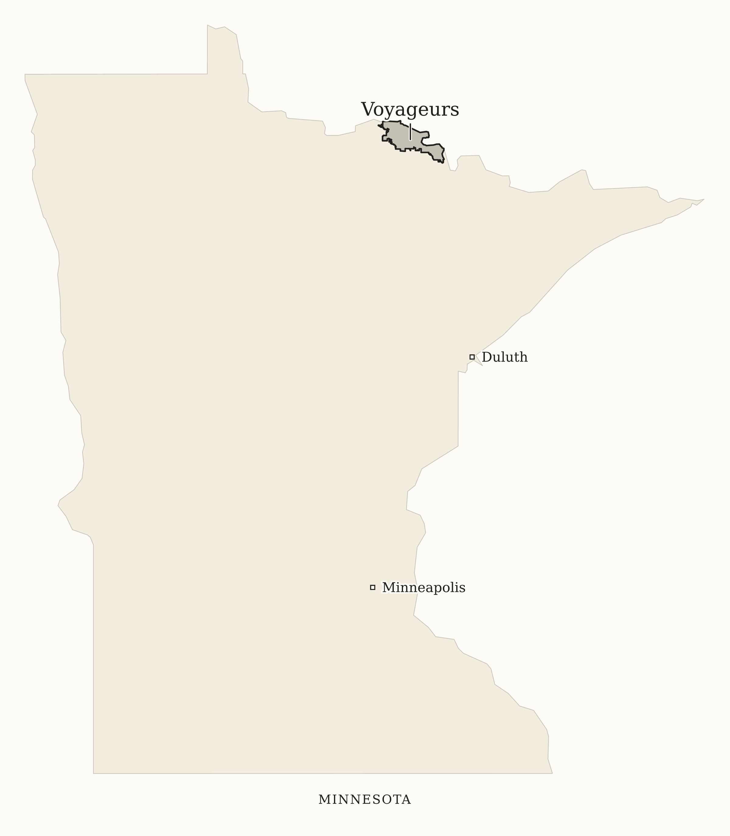 Minnesota National Parks map: print-friendly map, showing 1 locations: Voyageurs