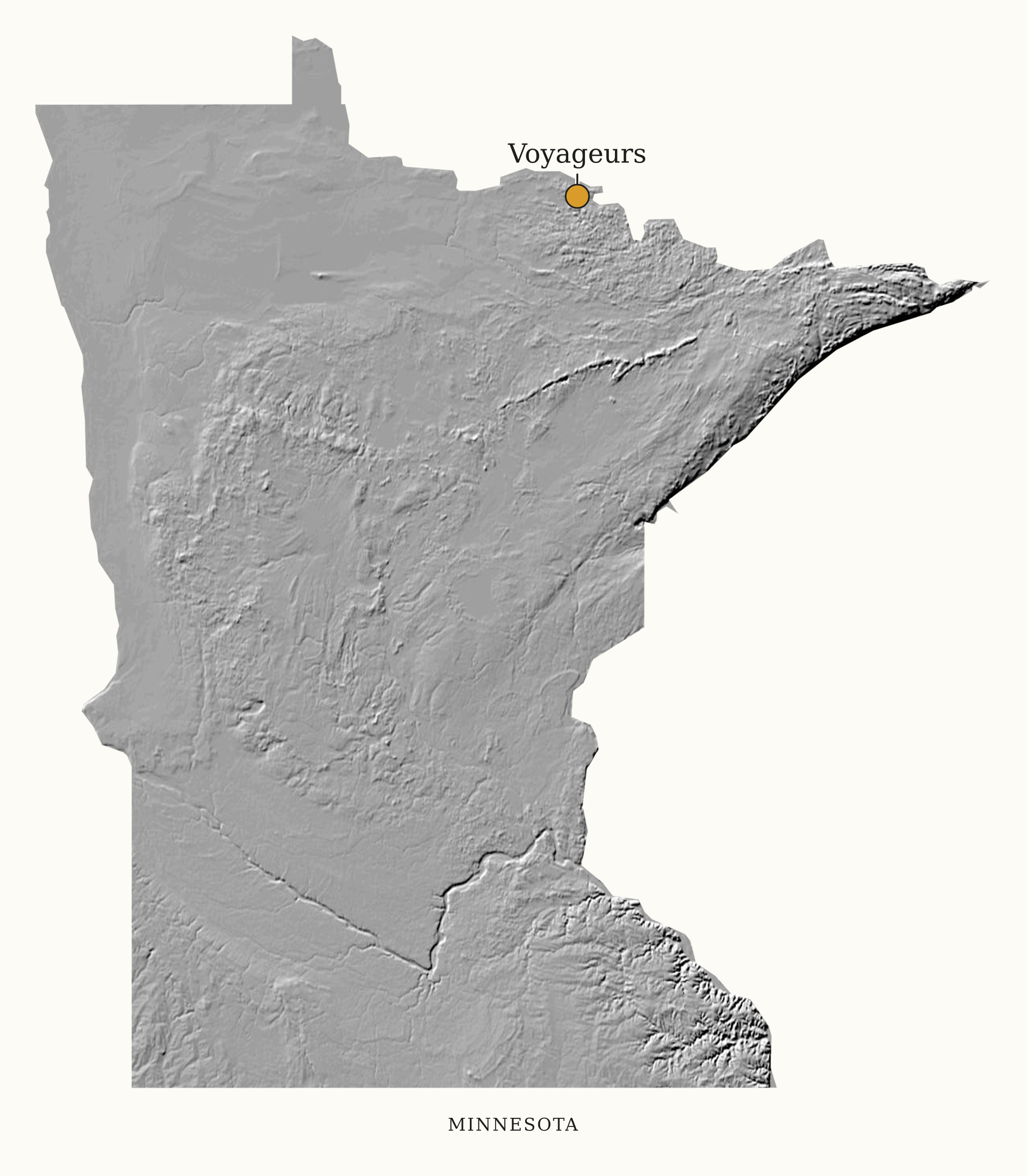 Minnesota National Parks map: shaded relief map, showing 1 locations: Voyageurs