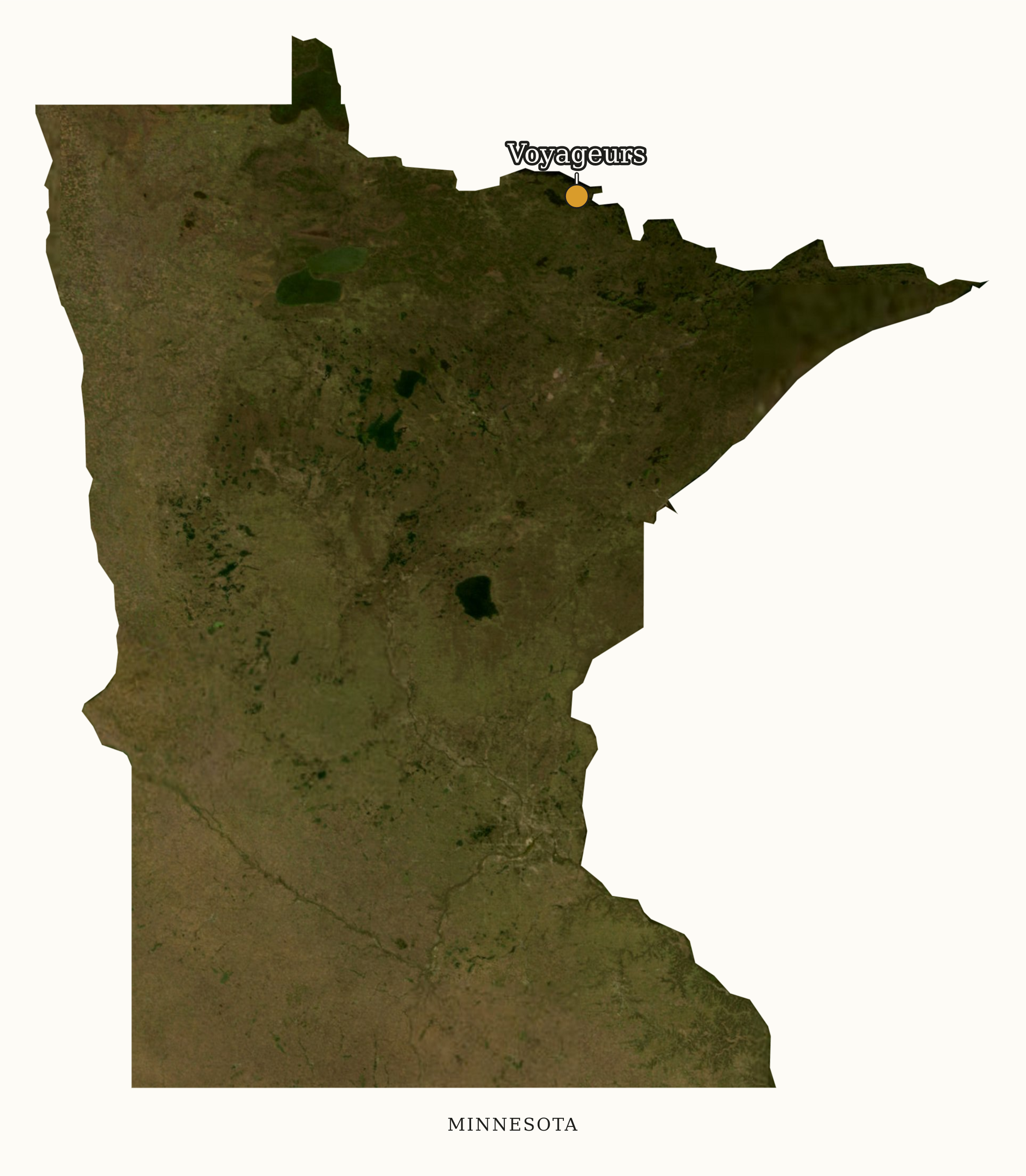 Minnesota National Parks map: labeled satellite map, showing 1 locations: Voyageurs