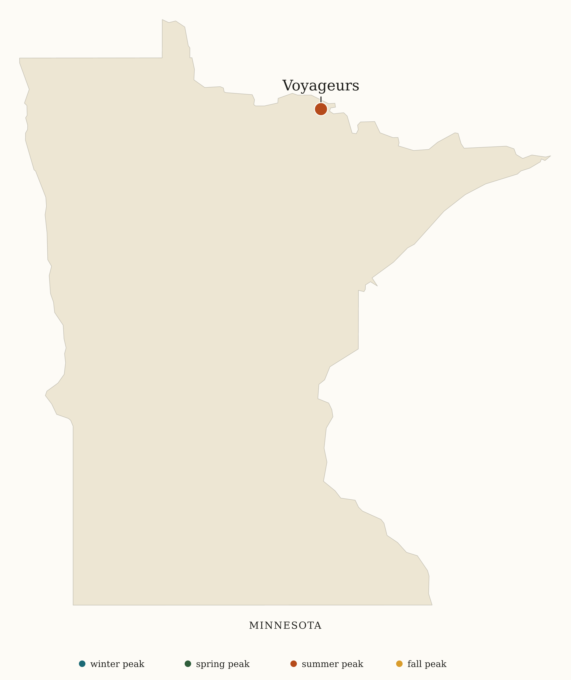 Minnesota National Parks map: busiest-season map, showing 1 locations: Voyageurs