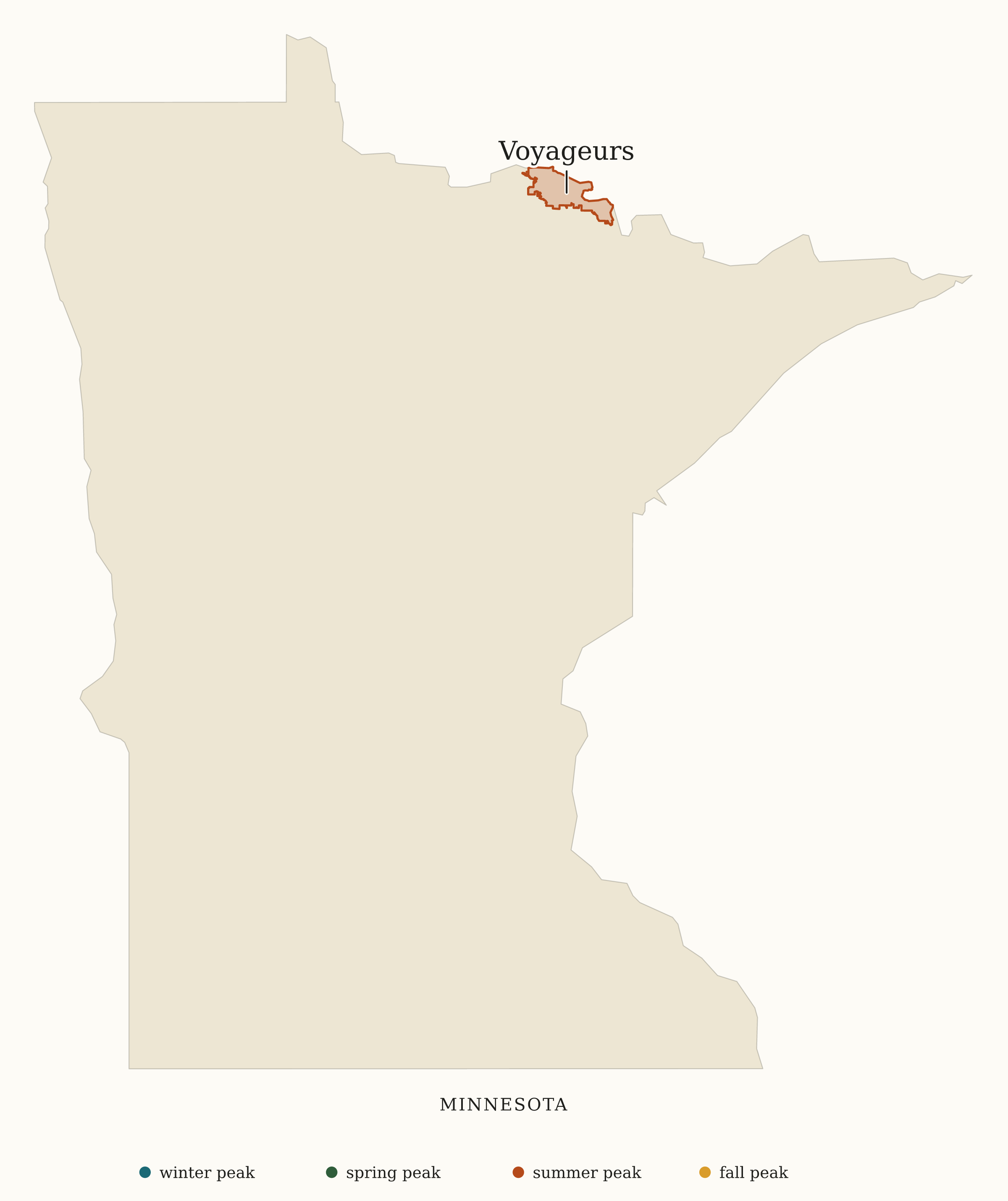 Minnesota National Parks map: busiest-season map, showing 1 locations: Voyageurs