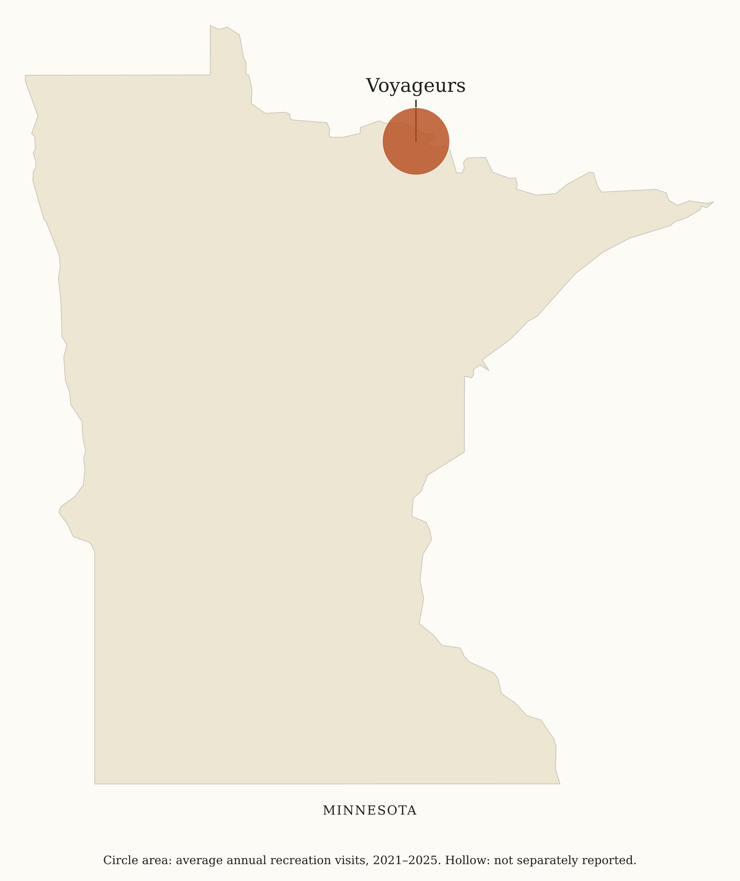Minnesota National Parks map: visitation map, showing 1 locations: Voyageurs