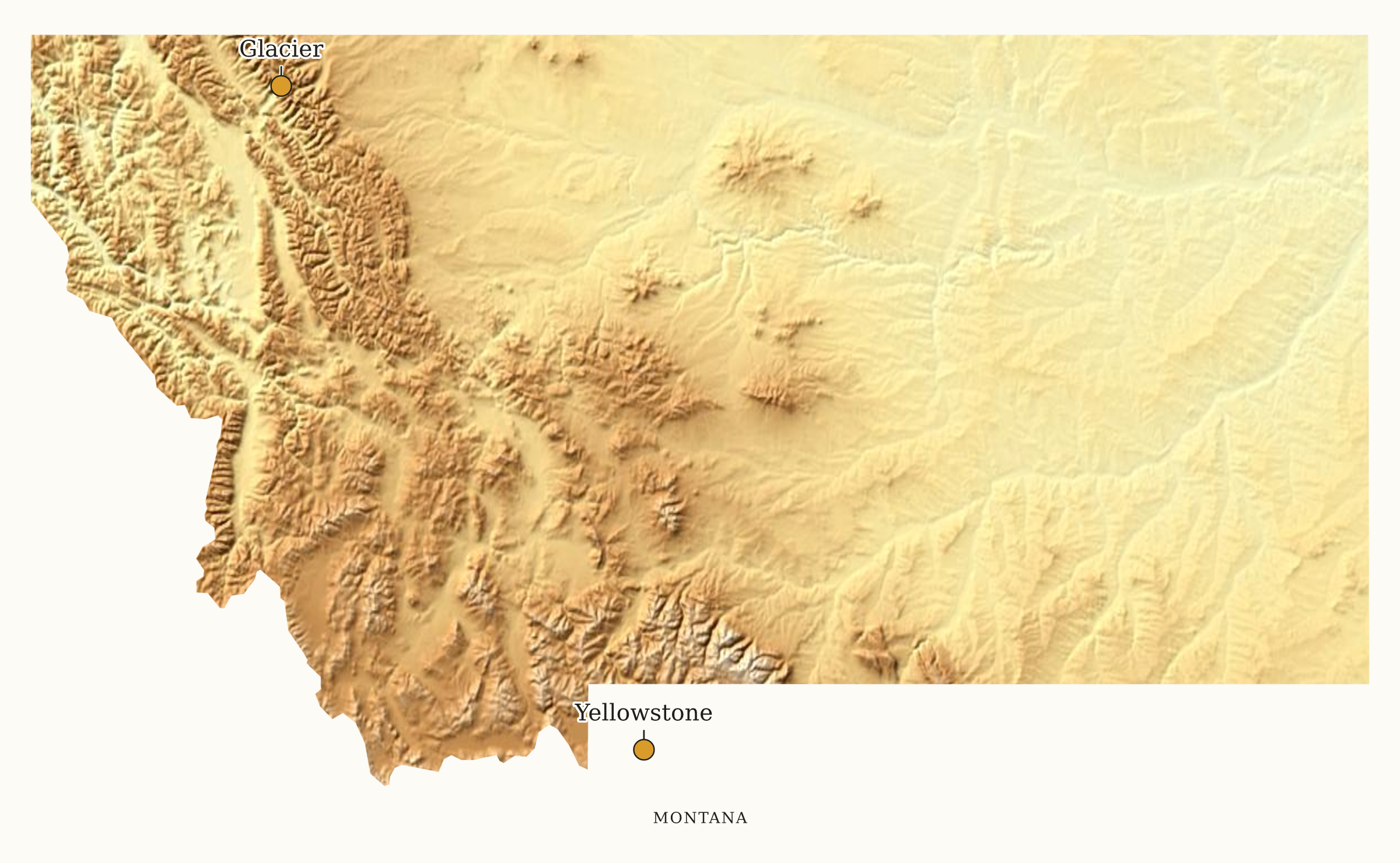 Montana National Parks map: elevation tint map, showing 2 locations: Glacier, Yellowstone