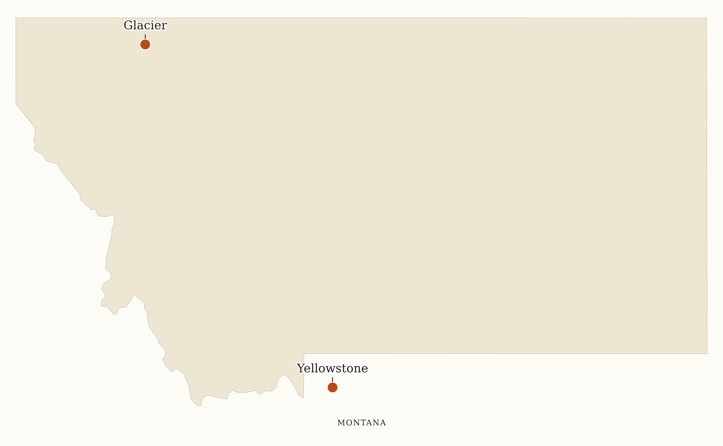Montana National Parks map: map with place names, showing 2 locations: Glacier, Yellowstone