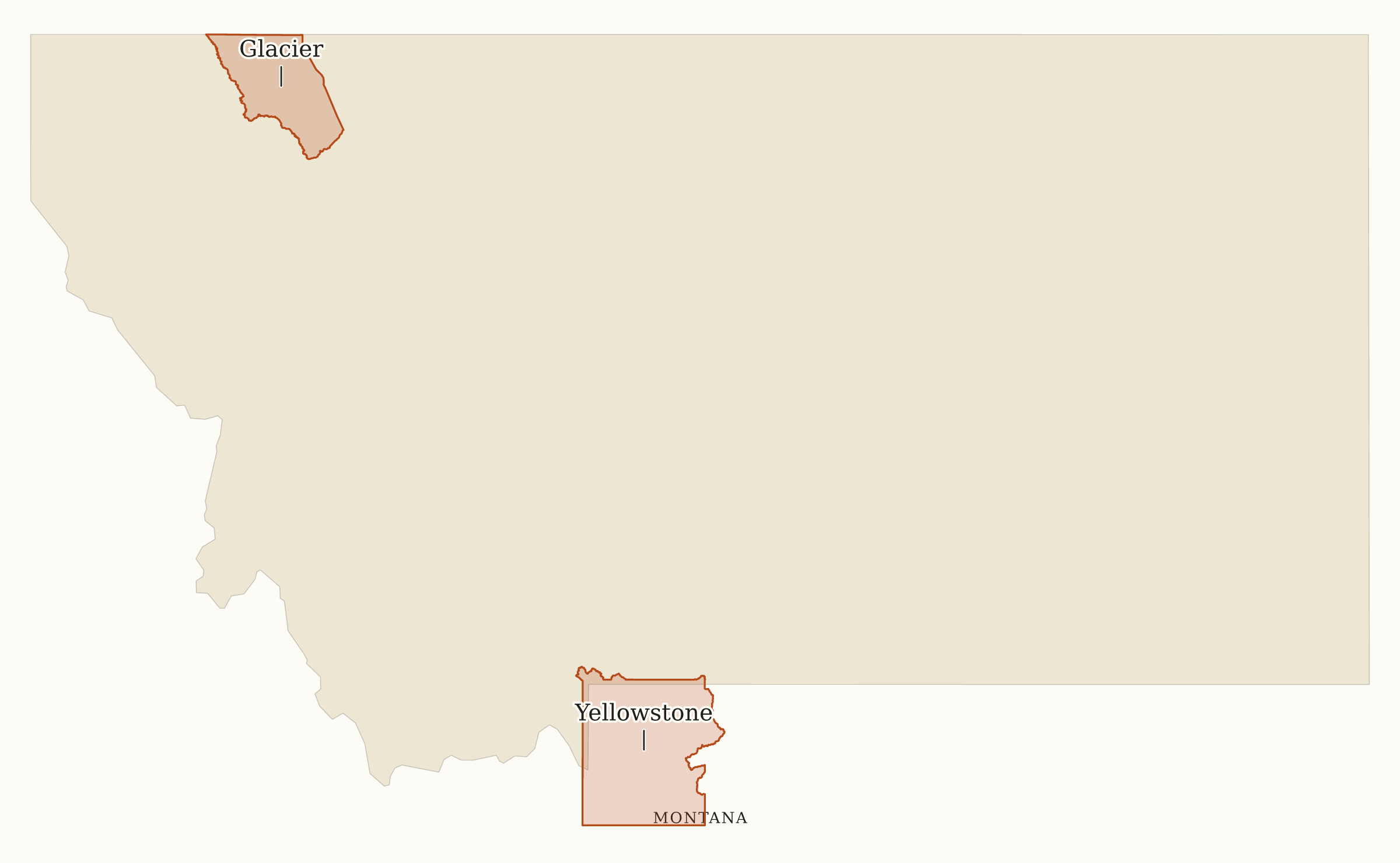 Montana National Parks map: map with place names, showing 2 locations: Glacier, Yellowstone