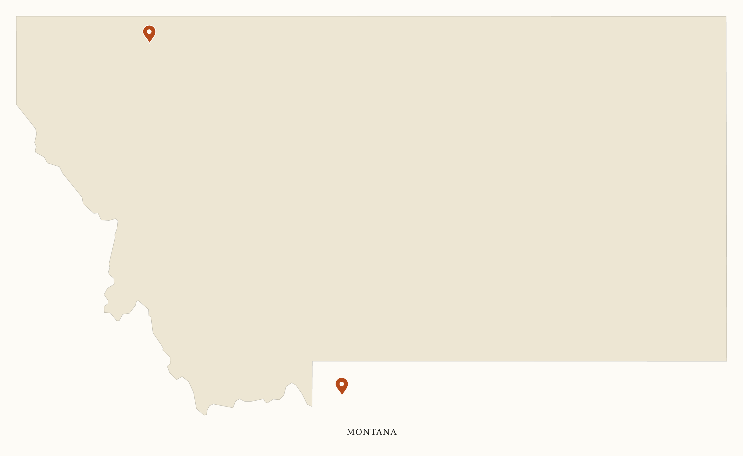 Montana National Parks map: clean pin map, showing 2 locations: Glacier, Yellowstone