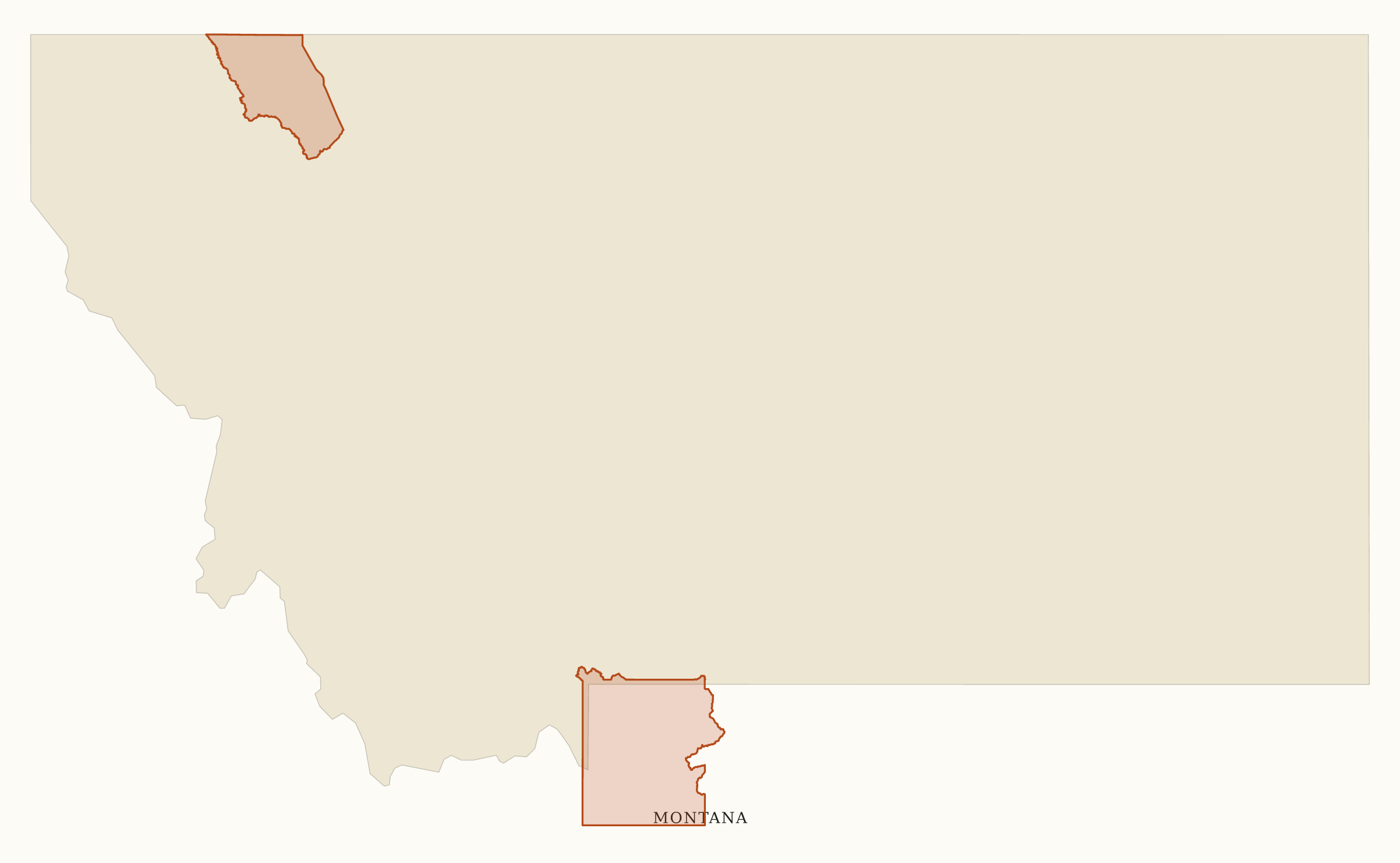 Montana National Parks map: clean area map, showing 2 locations: Glacier, Yellowstone