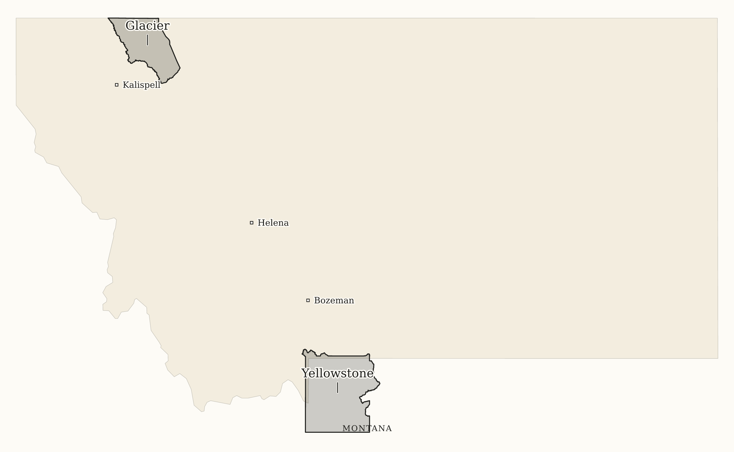 Montana National Parks map: print-friendly map, showing 2 locations: Glacier, Yellowstone