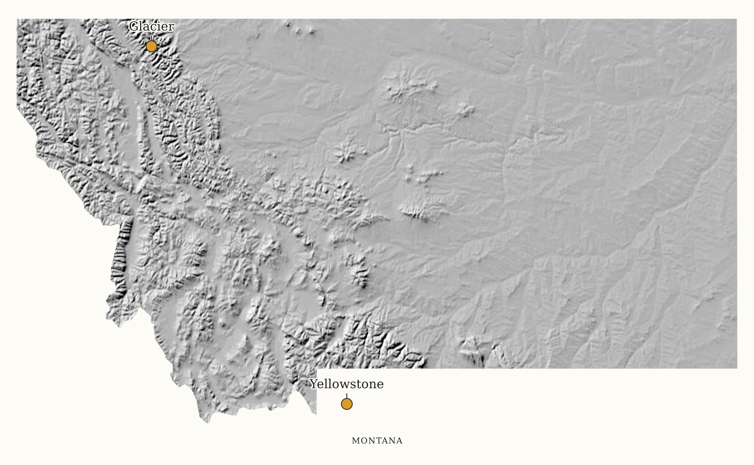 Montana National Parks map: shaded relief map, showing 2 locations: Glacier, Yellowstone