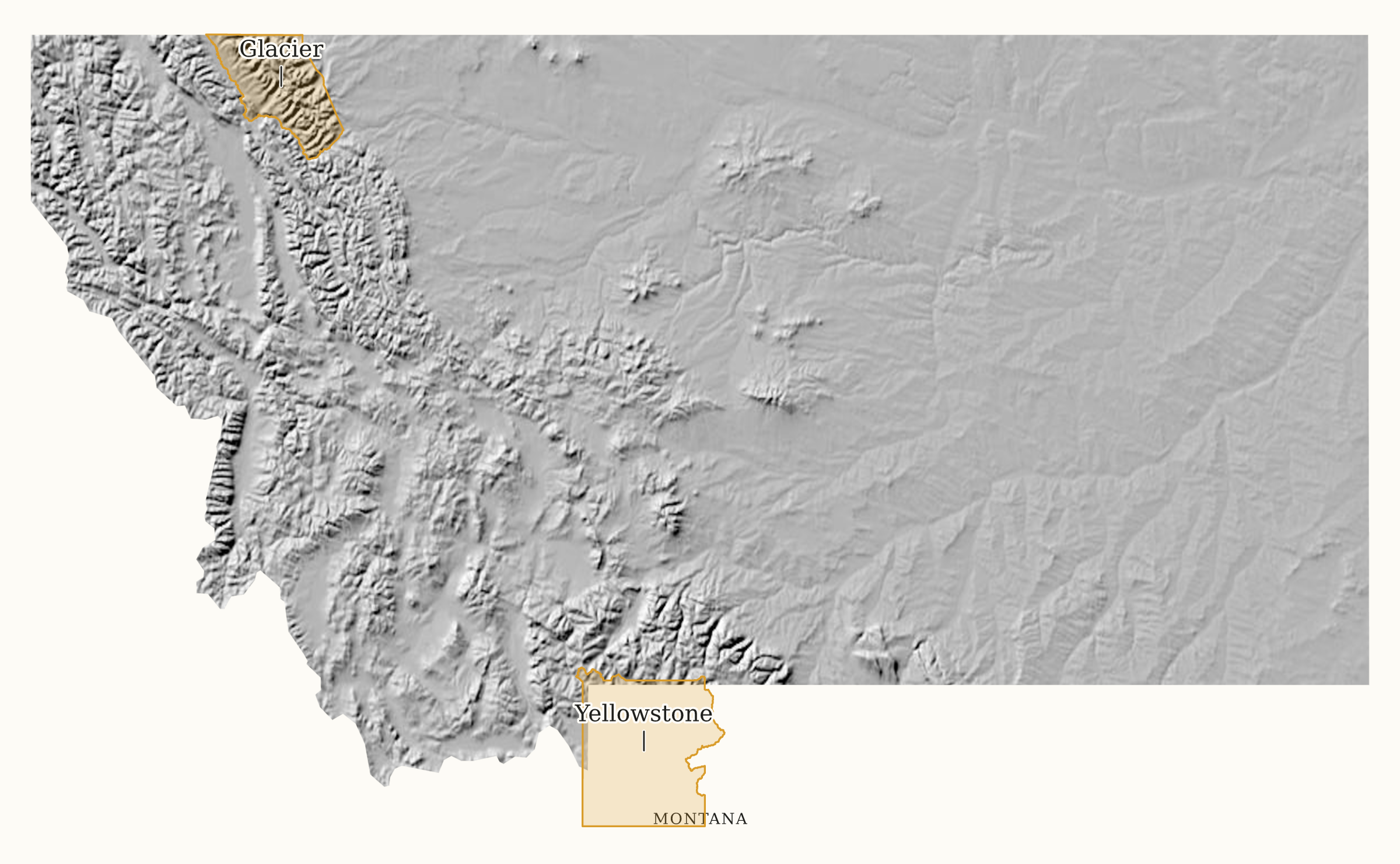 Montana National Parks map: shaded relief map, showing 2 locations: Glacier, Yellowstone
