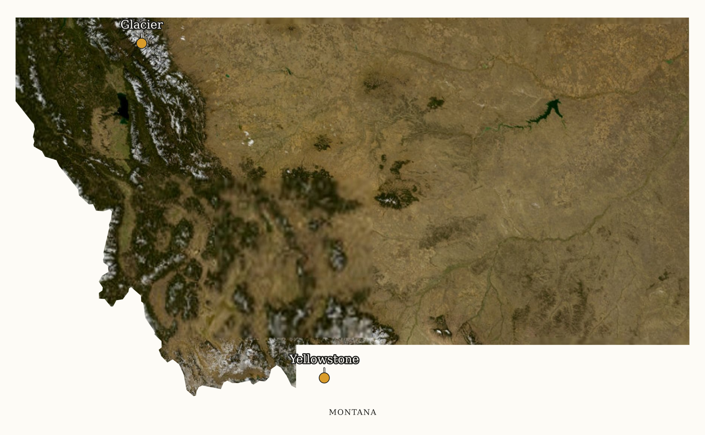 Montana National Parks map: labeled satellite map, showing 2 locations: Glacier, Yellowstone