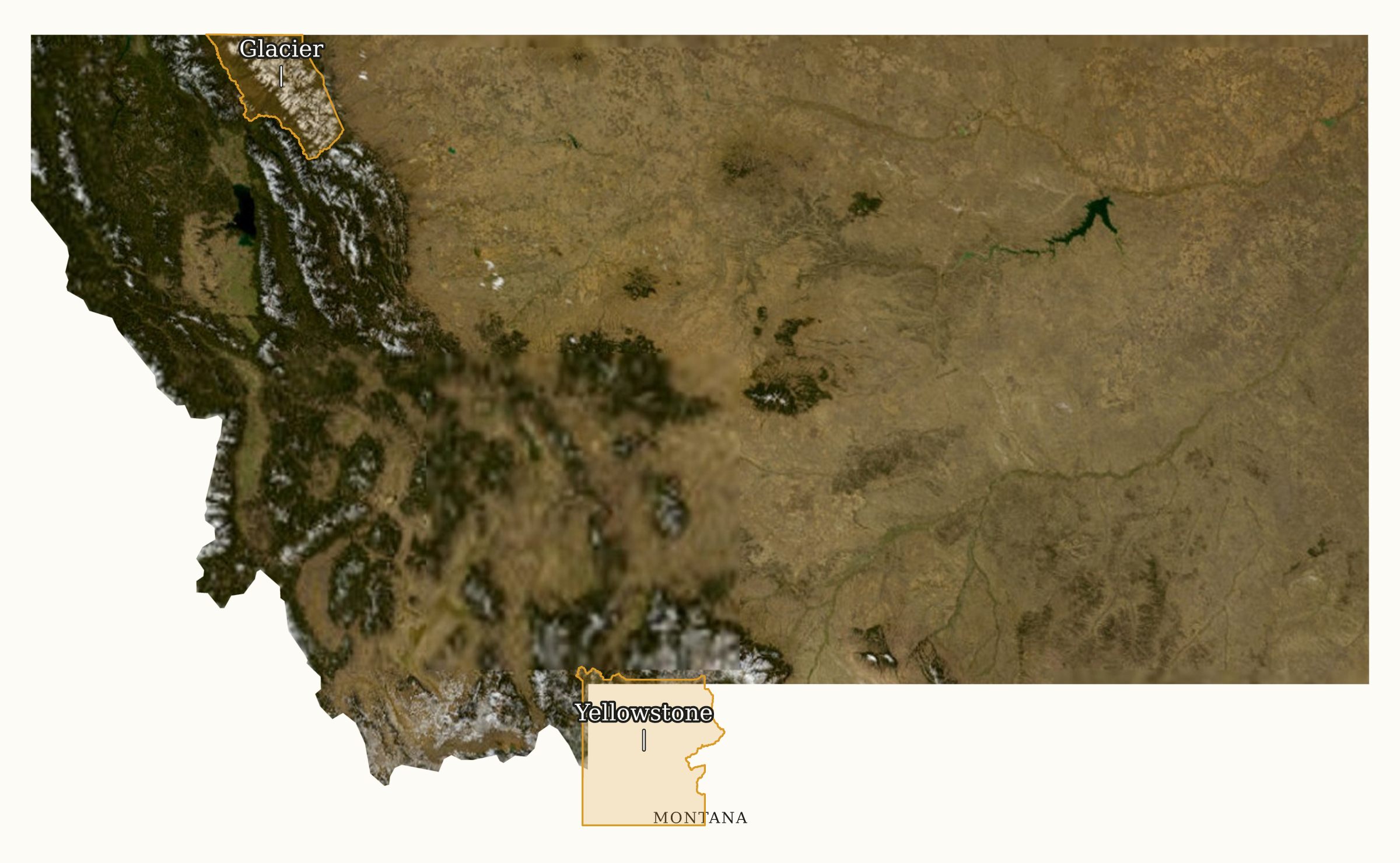 Montana National Parks map: labeled satellite map, showing 2 locations: Glacier, Yellowstone