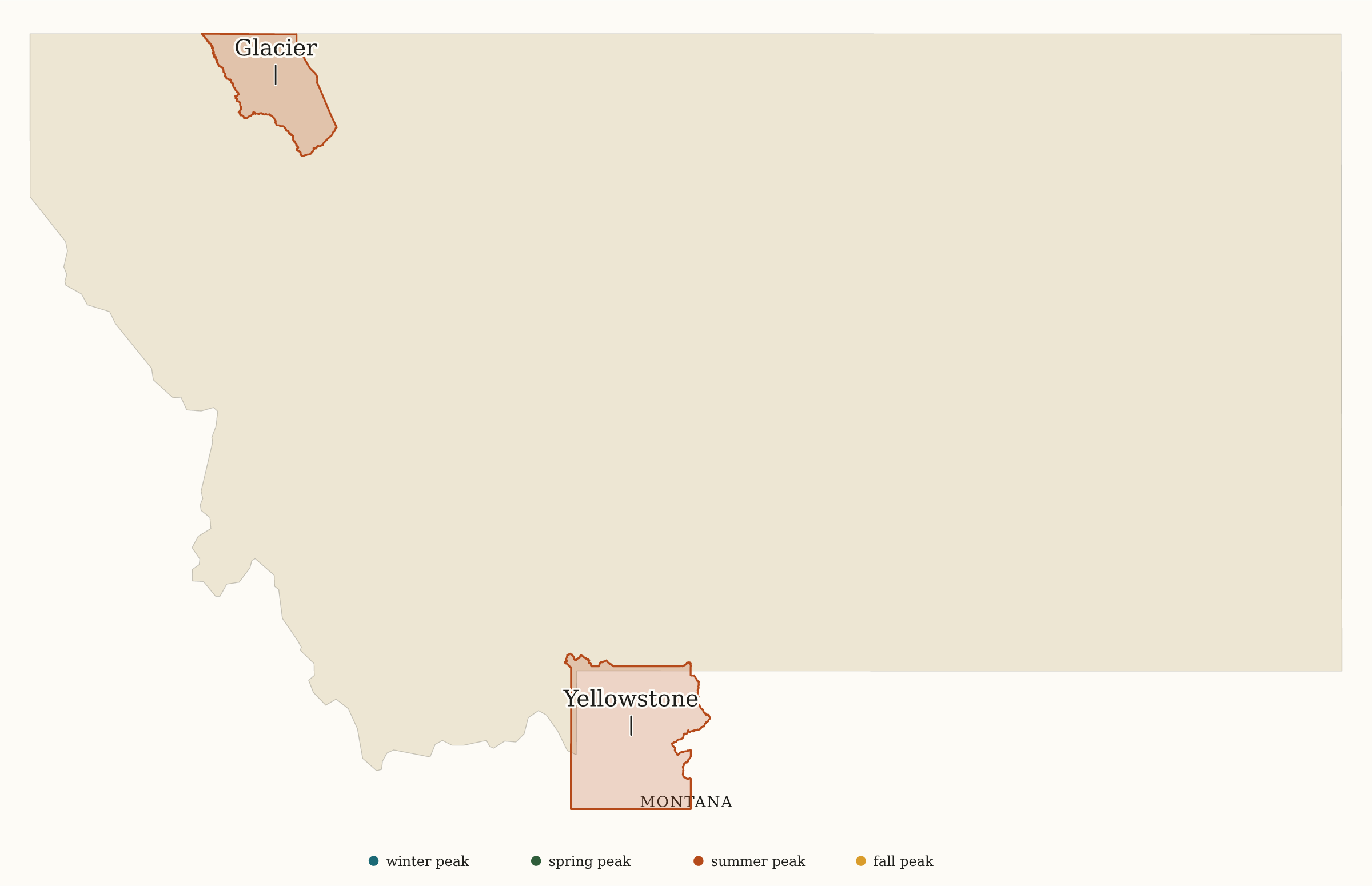 Montana National Parks map: busiest-season map, showing 2 locations: Glacier, Yellowstone