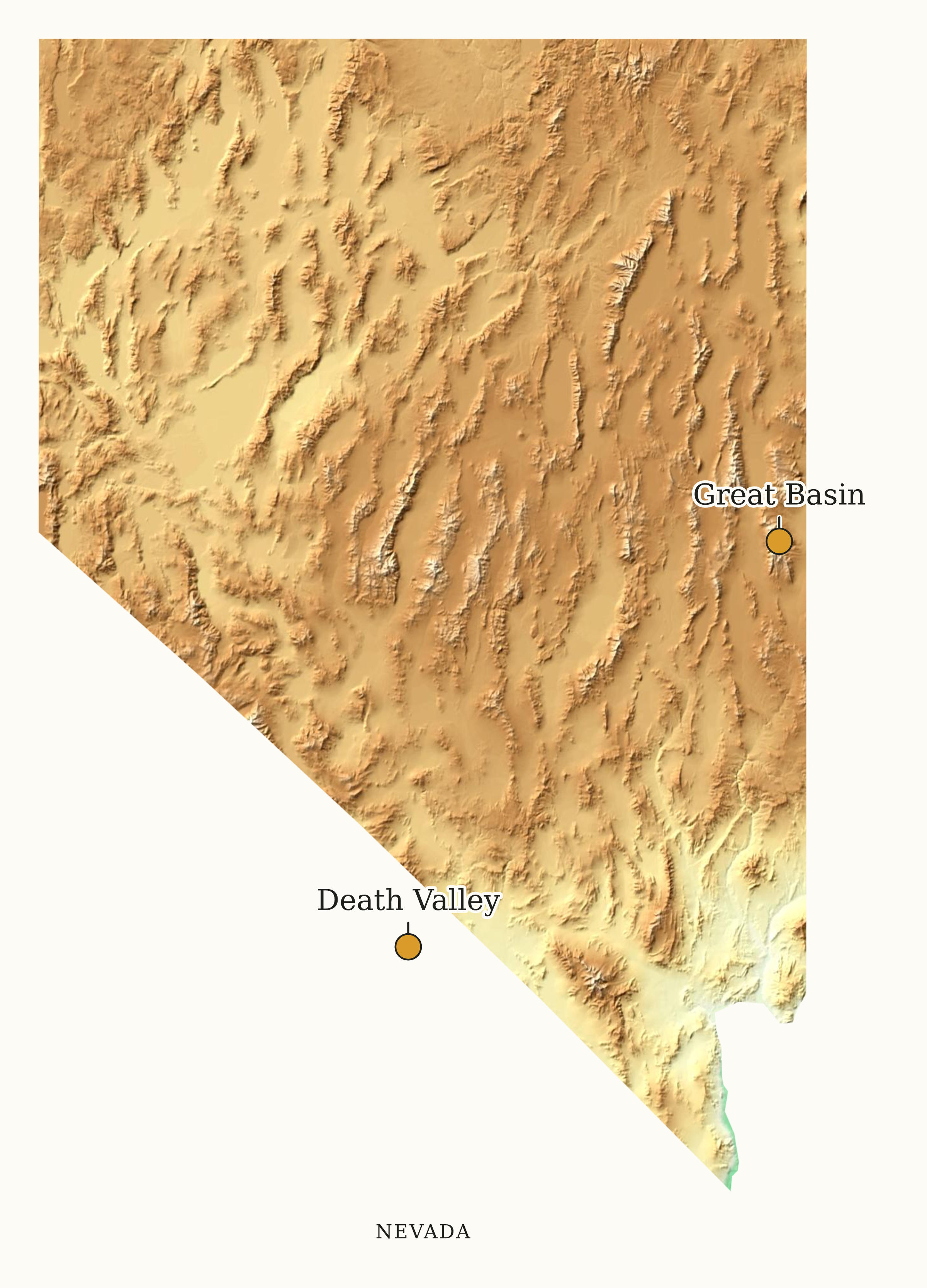 Nevada National Parks map: elevation tint map, showing 2 locations: Death Valley, Great Basin