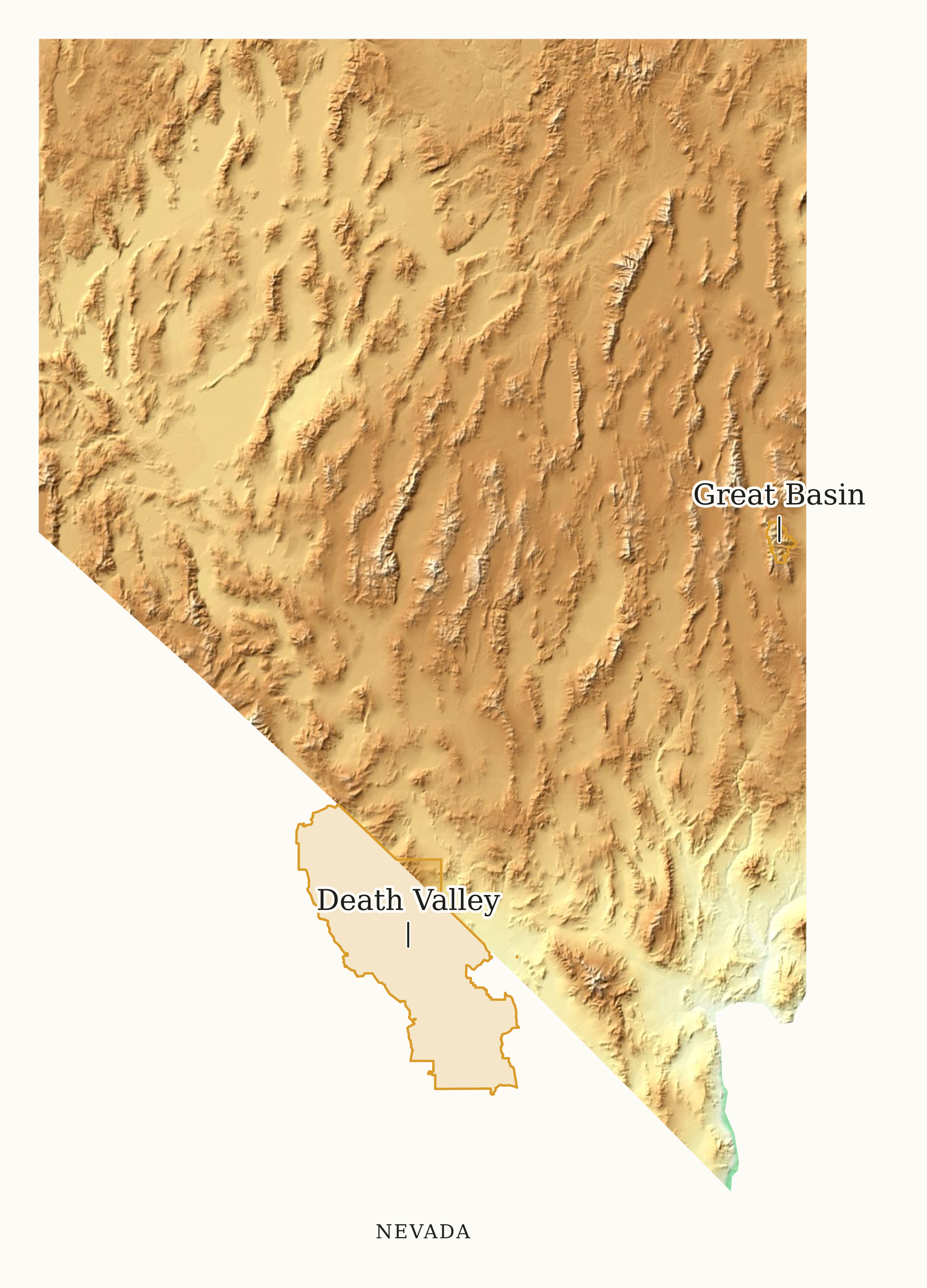 Nevada National Parks map: elevation tint map, showing 2 locations: Death Valley, Great Basin