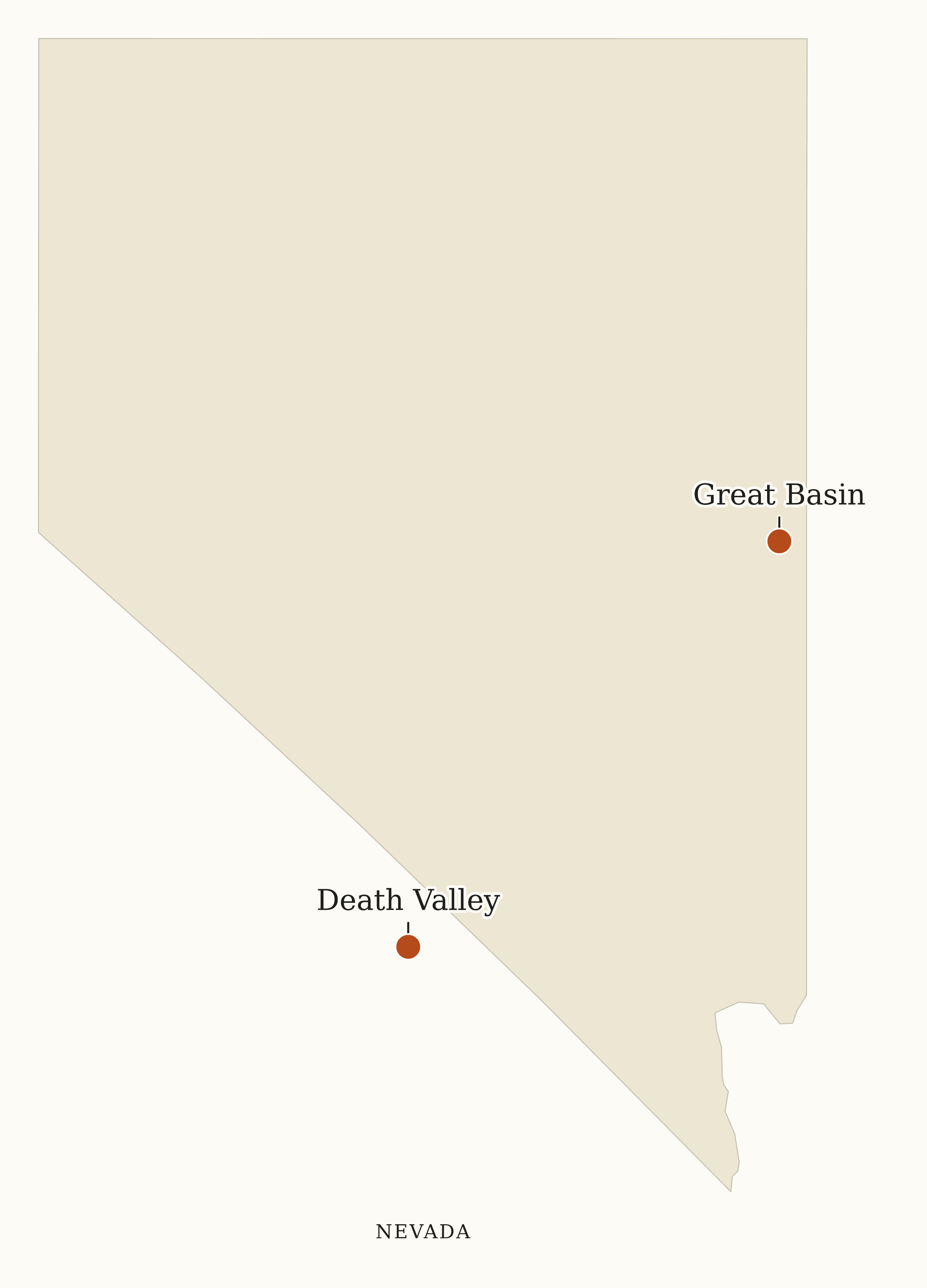Nevada National Parks map: map with place names, showing 2 locations: Death Valley, Great Basin
