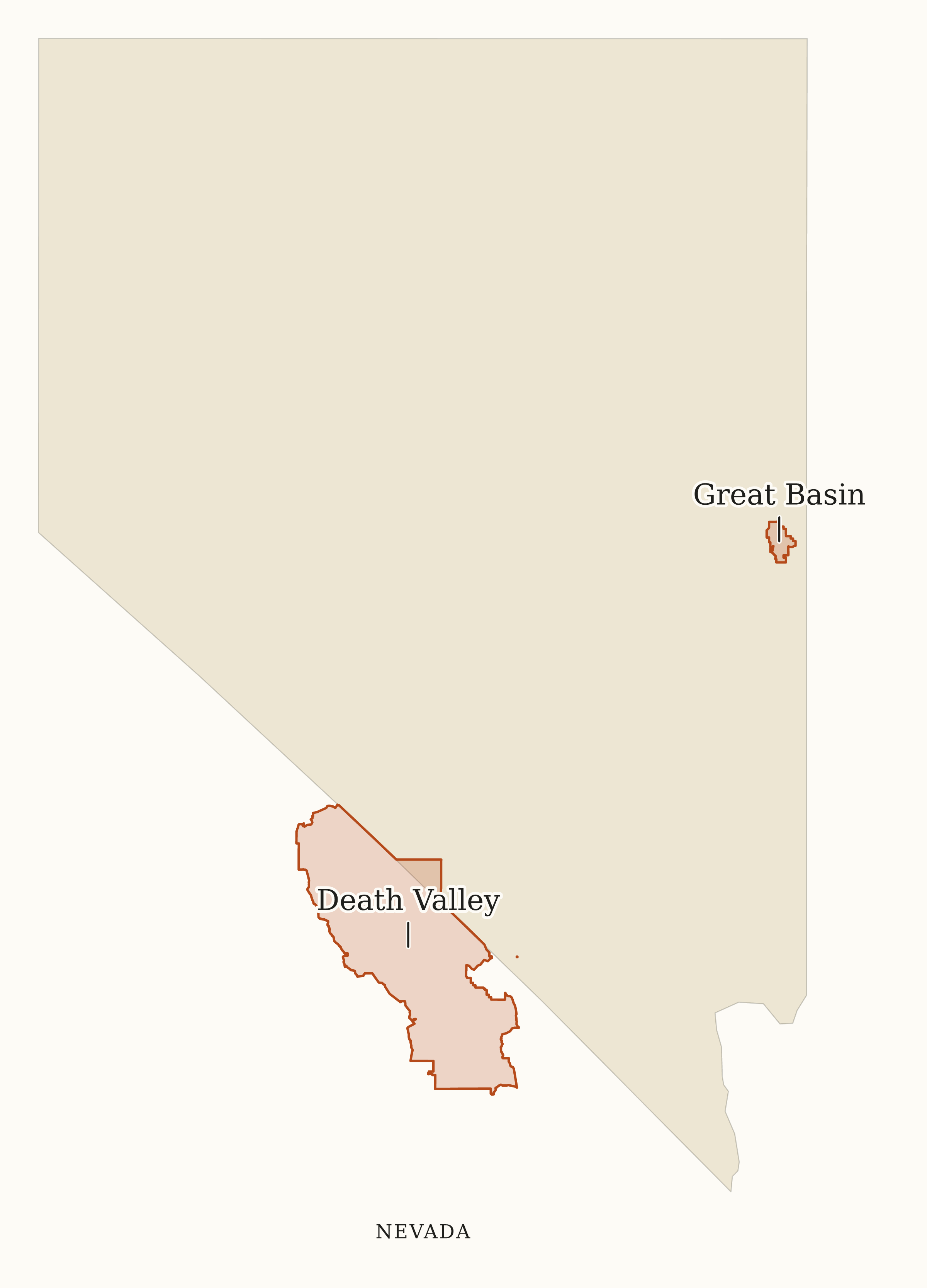 Nevada National Parks map: map with place names, showing 2 locations: Death Valley, Great Basin