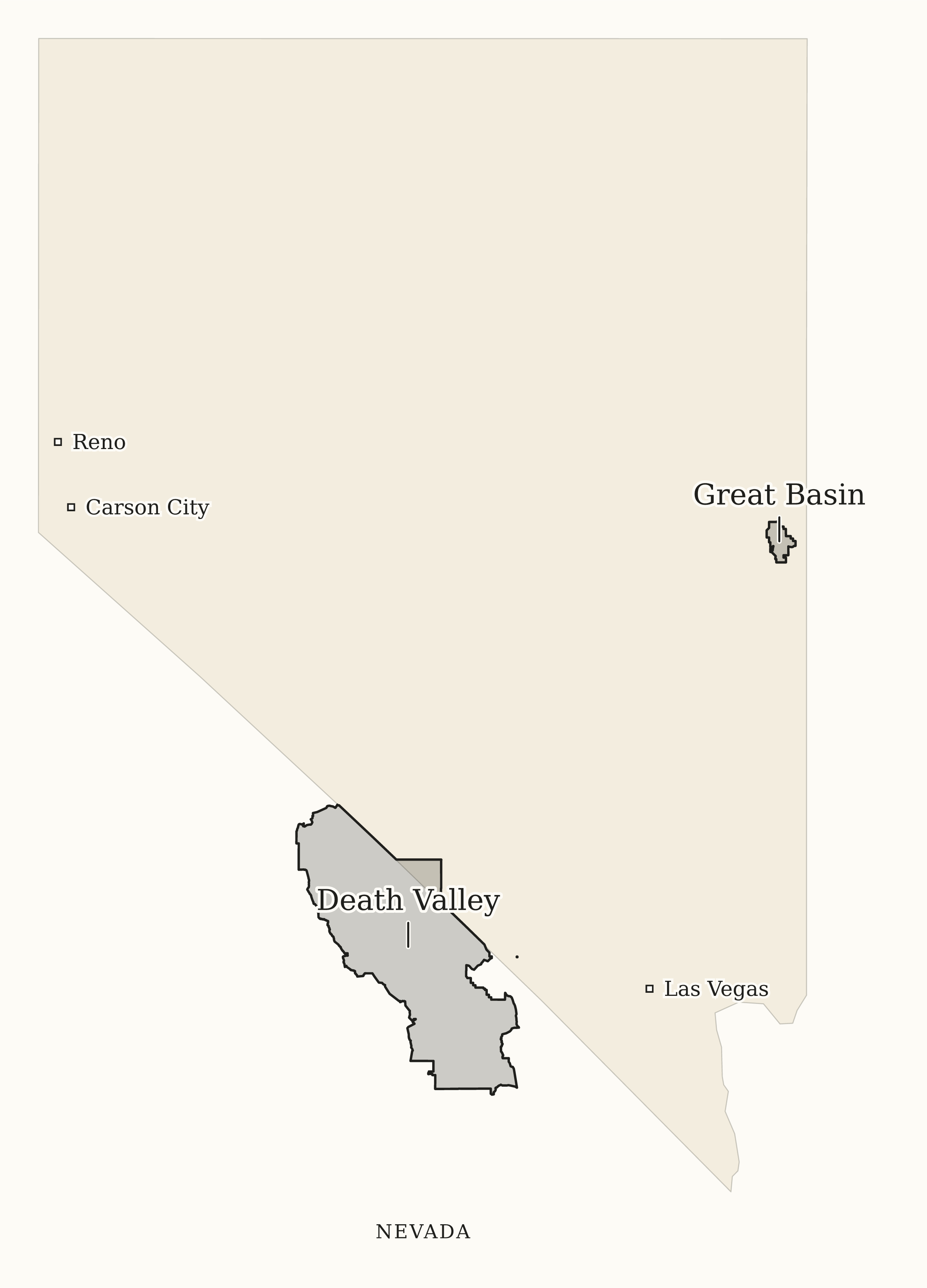 Nevada National Parks map: print-friendly map, showing 2 locations: Death Valley, Great Basin