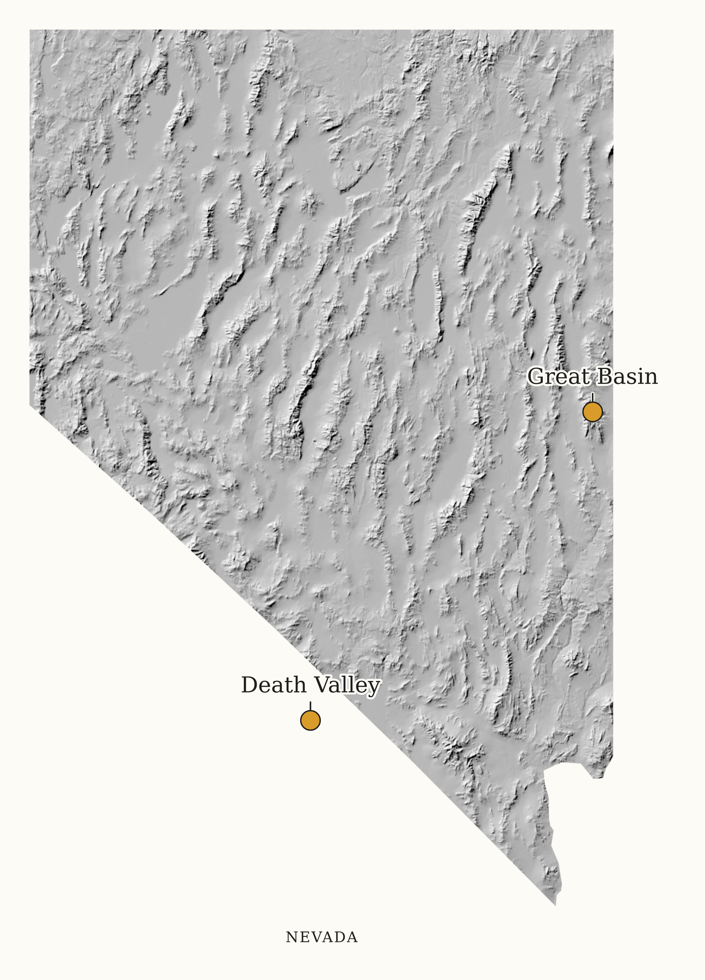 Nevada National Parks map: shaded relief map, showing 2 locations: Death Valley, Great Basin