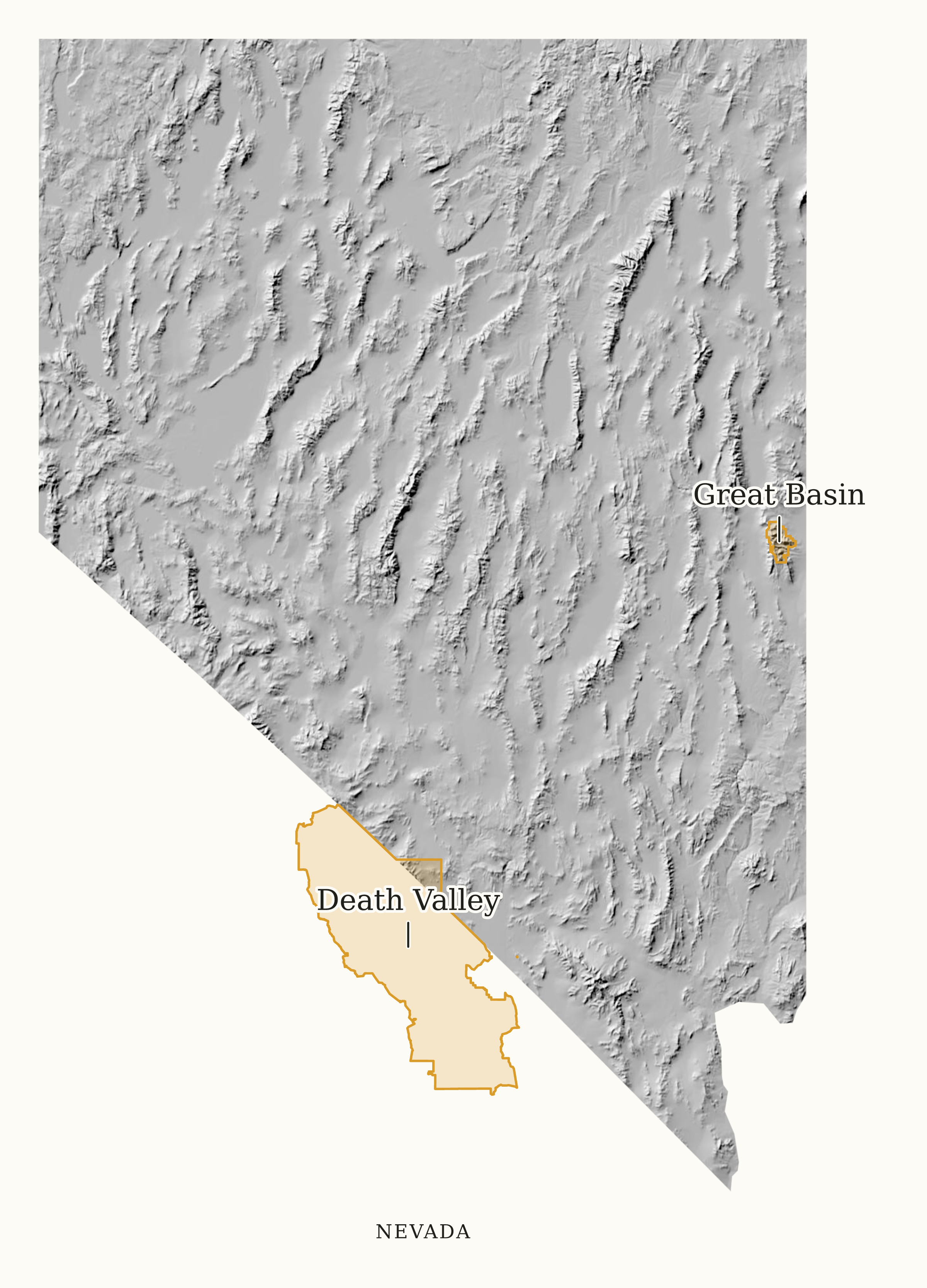 Nevada National Parks map: shaded relief map, showing 2 locations: Death Valley, Great Basin