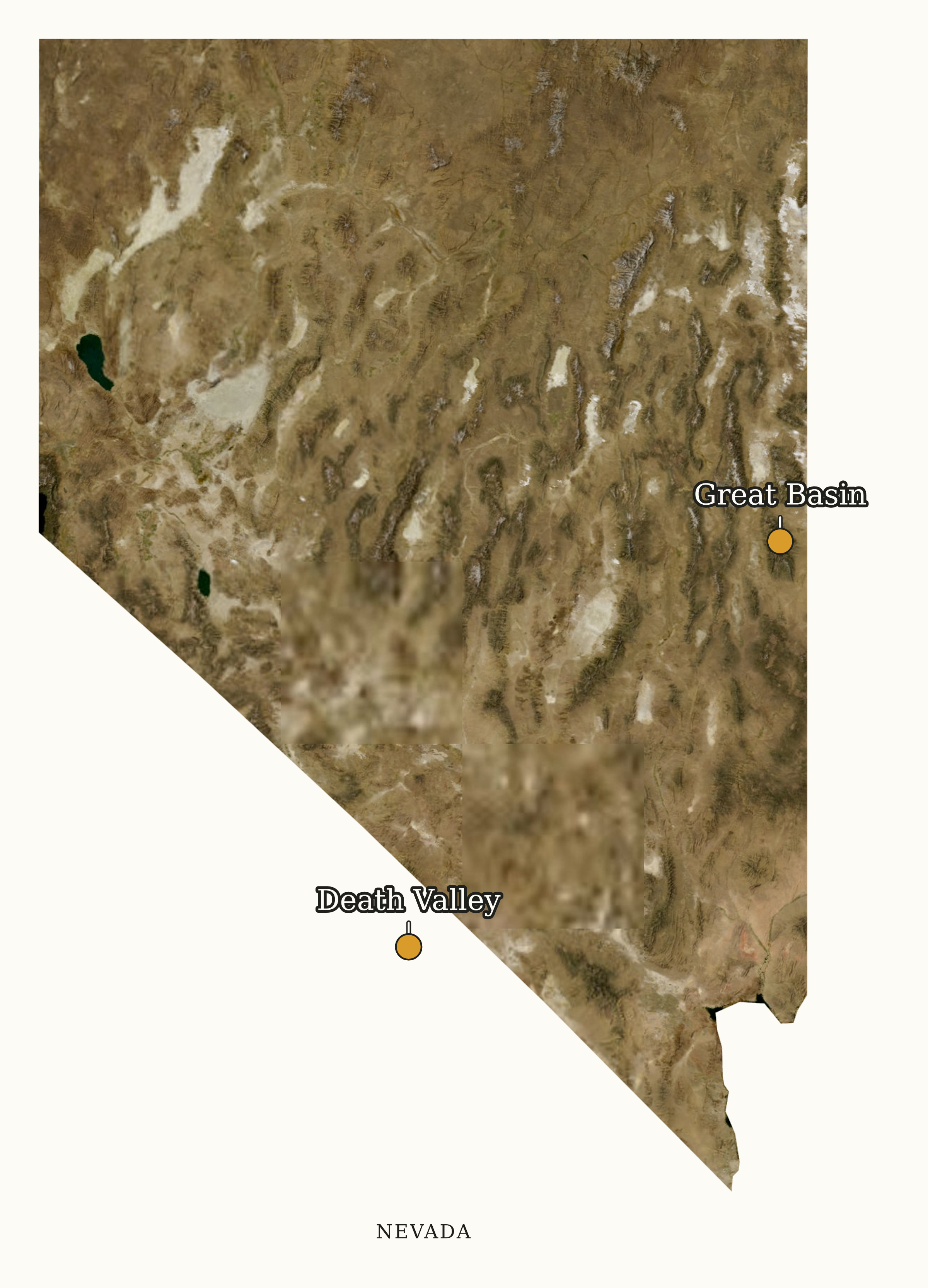 Nevada National Parks map: labeled satellite map, showing 2 locations: Death Valley, Great Basin