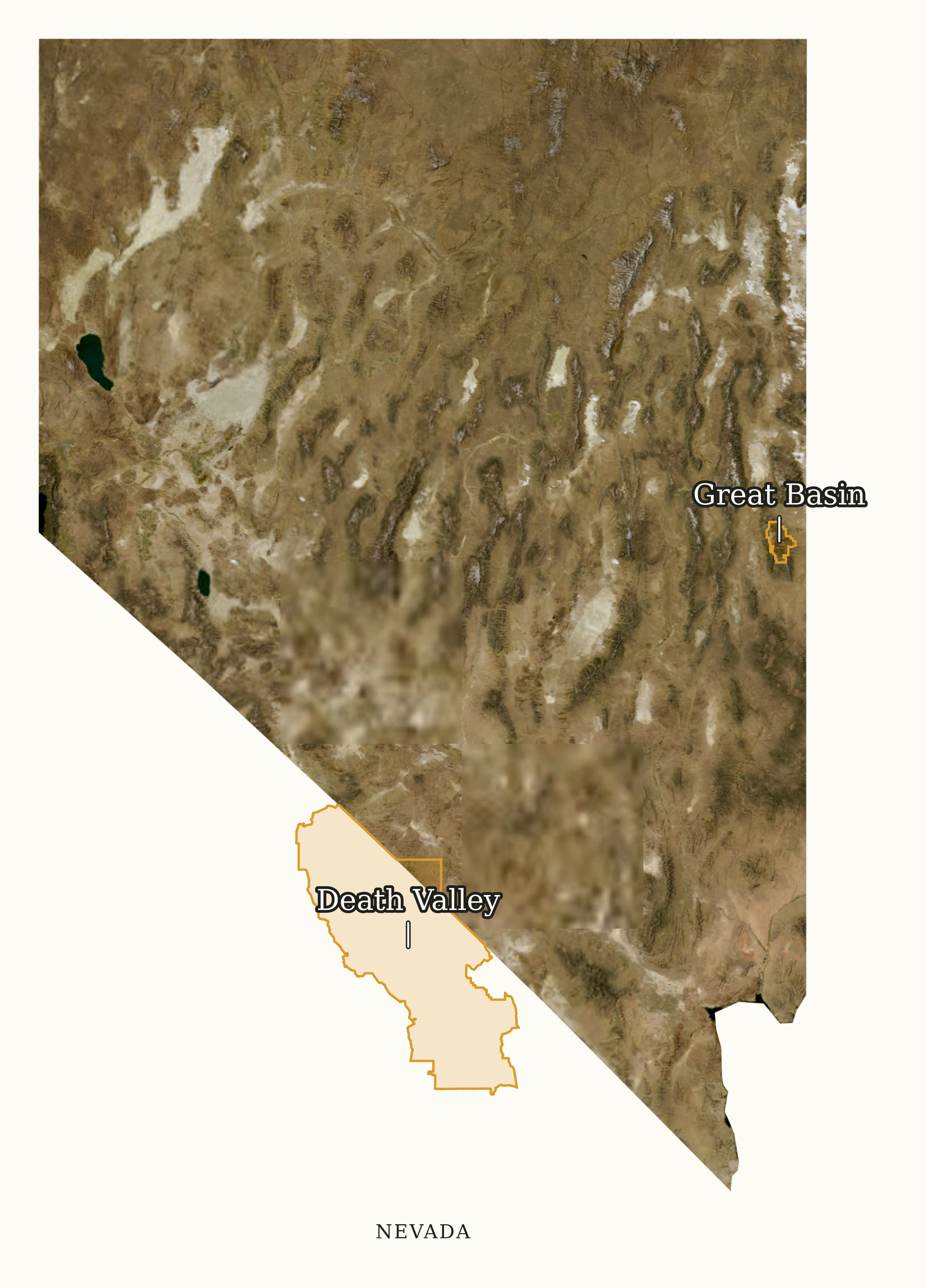 Nevada National Parks map: labeled satellite map, showing 2 locations: Death Valley, Great Basin