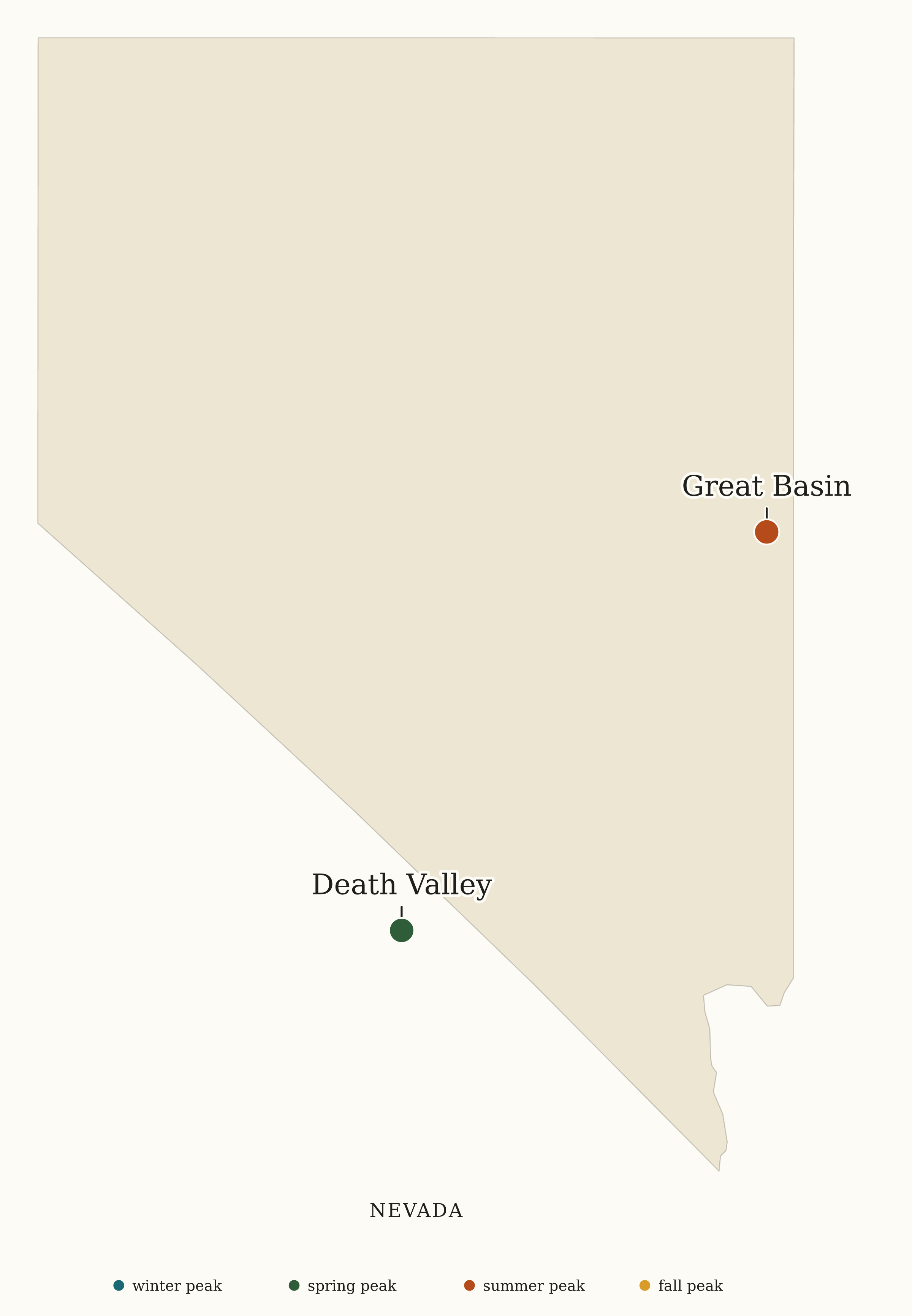 Nevada National Parks map: busiest-season map, showing 2 locations: Death Valley, Great Basin