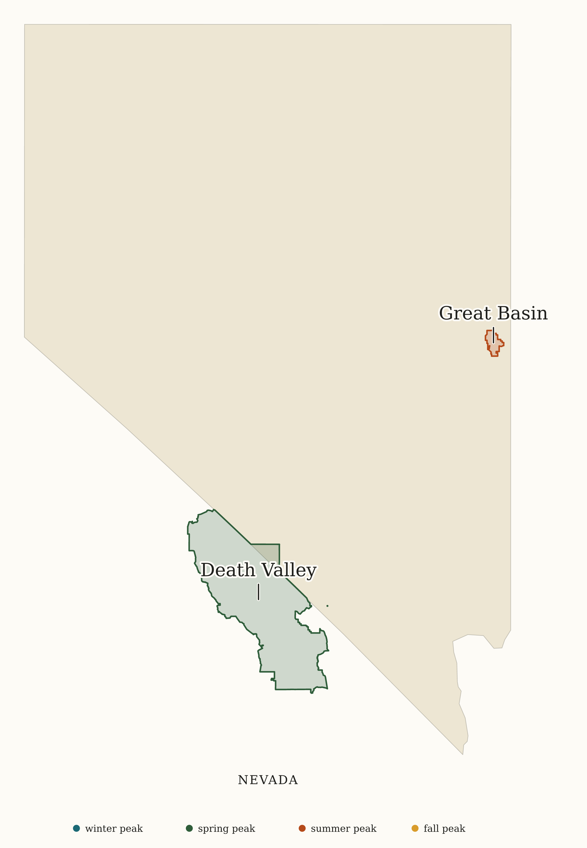 Nevada National Parks map: busiest-season map, showing 2 locations: Death Valley, Great Basin