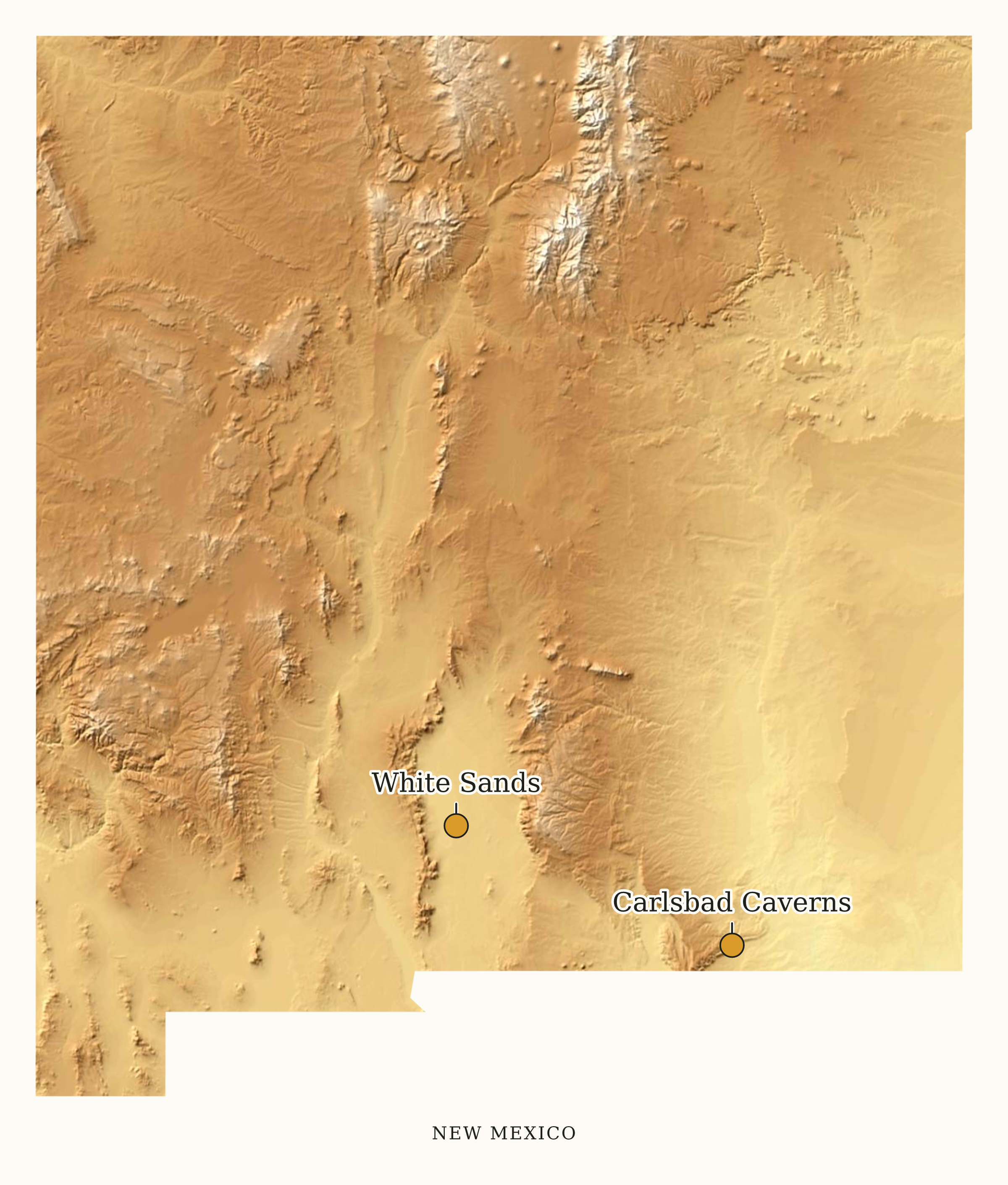 New Mexico National Parks map: elevation tint map, showing 2 locations: Carlsbad Caverns, White Sands