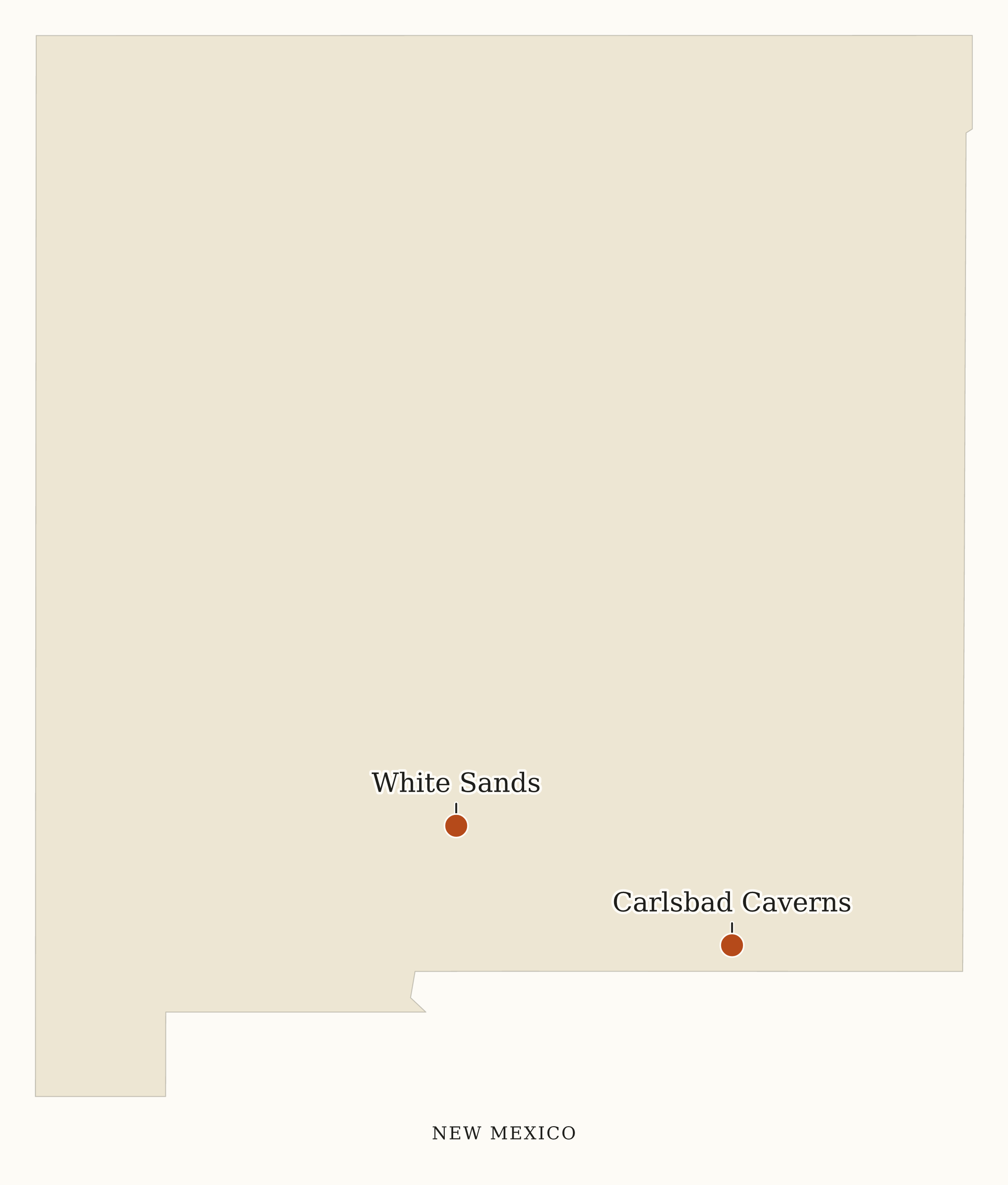 New Mexico National Parks map: map with place names, showing 2 locations: Carlsbad Caverns, White Sands