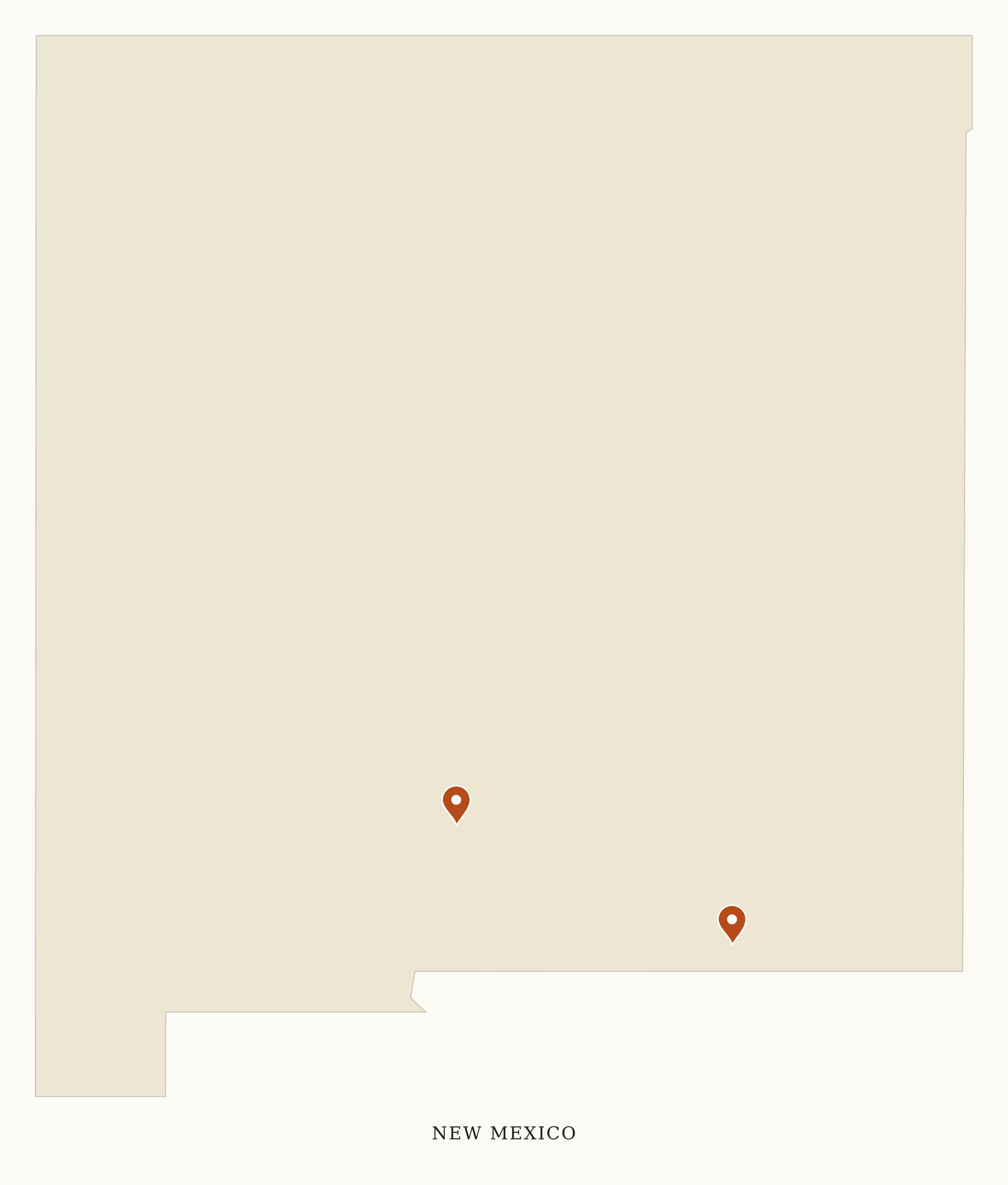 New Mexico National Parks map: clean pin map, showing 2 locations: Carlsbad Caverns, White Sands