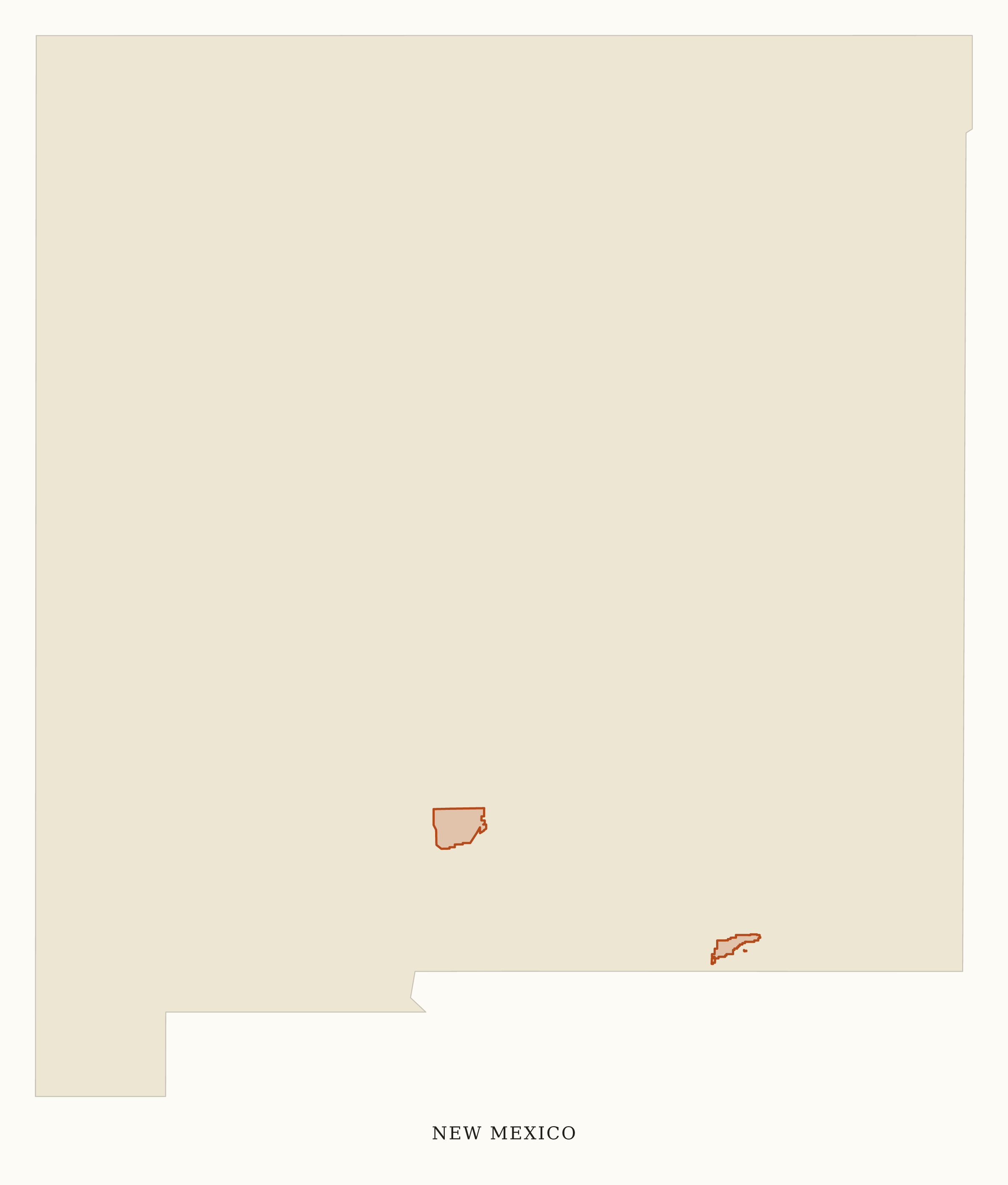 New Mexico National Parks map: clean area map, showing 2 locations: Carlsbad Caverns, White Sands