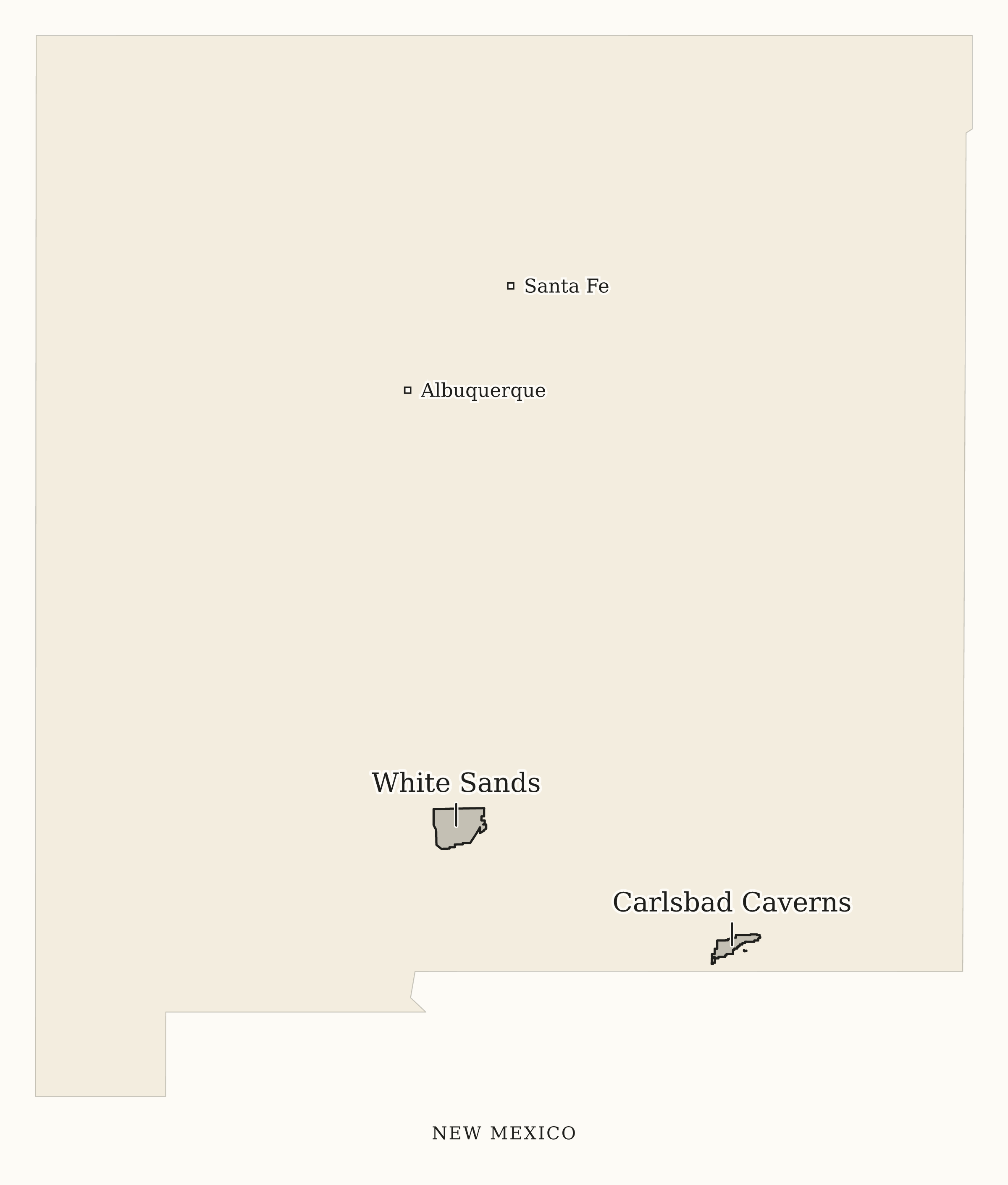 New Mexico National Parks map: print-friendly map, showing 2 locations: Carlsbad Caverns, White Sands