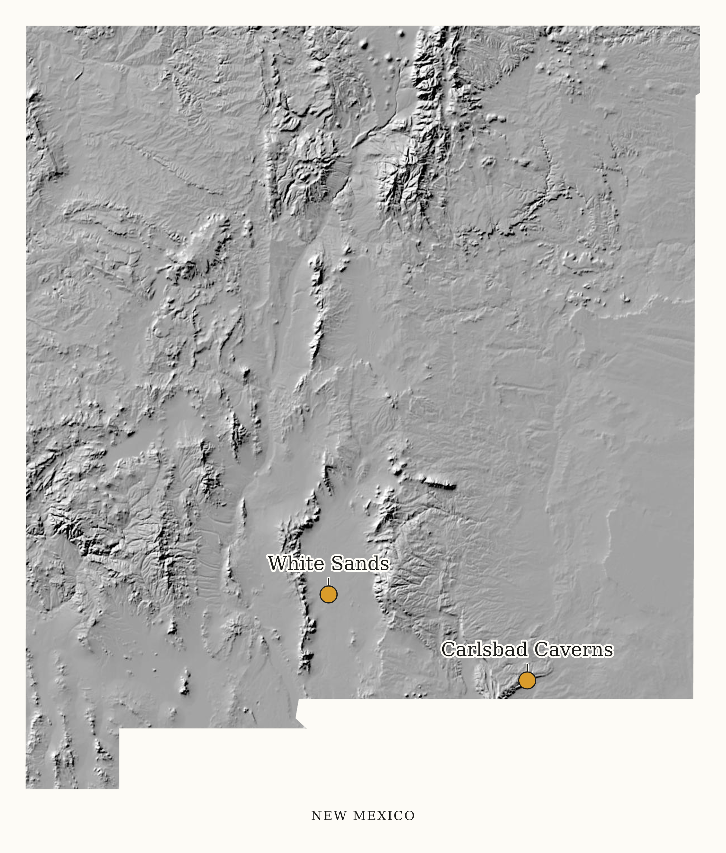 New Mexico National Parks map: shaded relief map, showing 2 locations: Carlsbad Caverns, White Sands