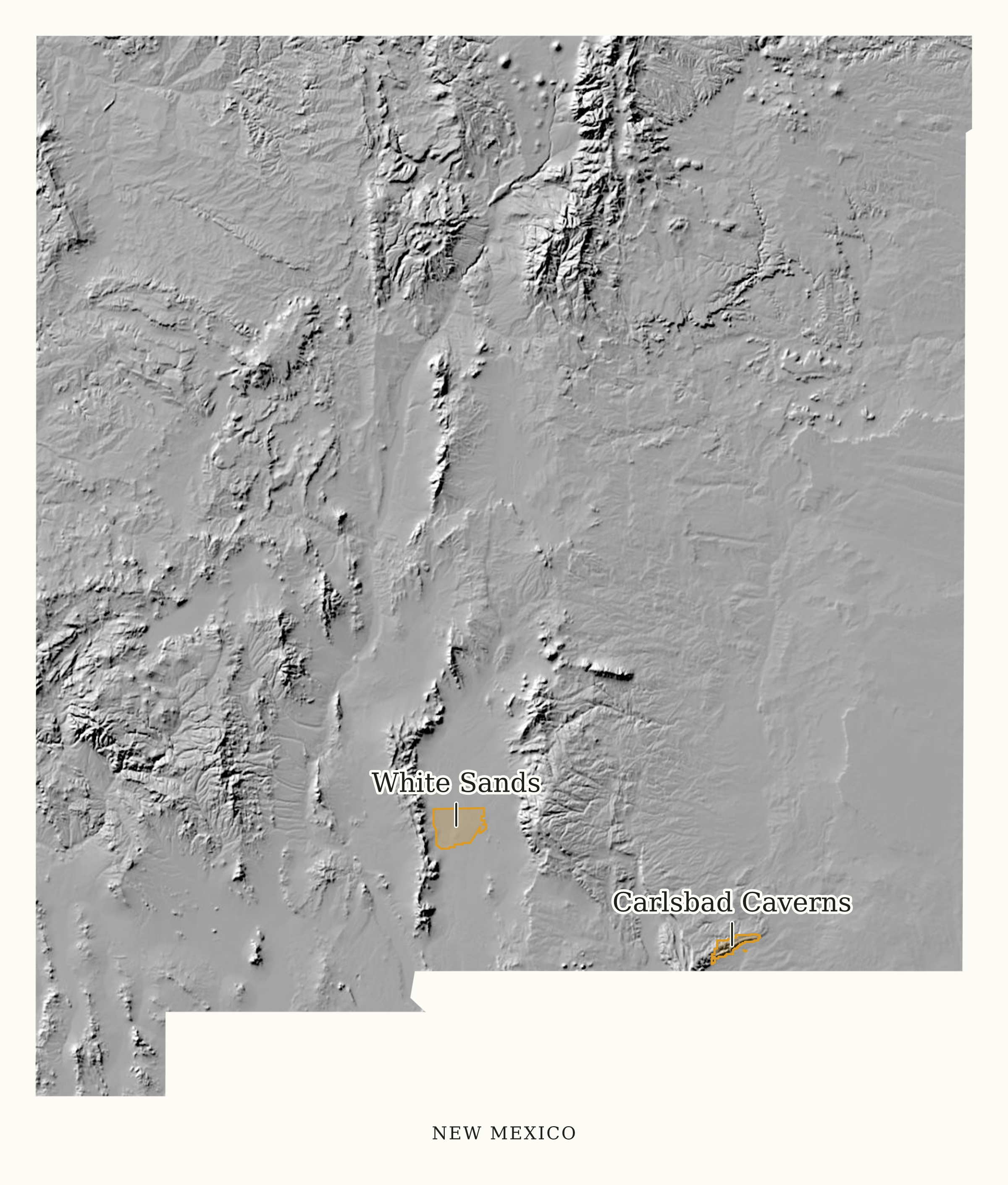 New Mexico National Parks map: shaded relief map, showing 2 locations: Carlsbad Caverns, White Sands