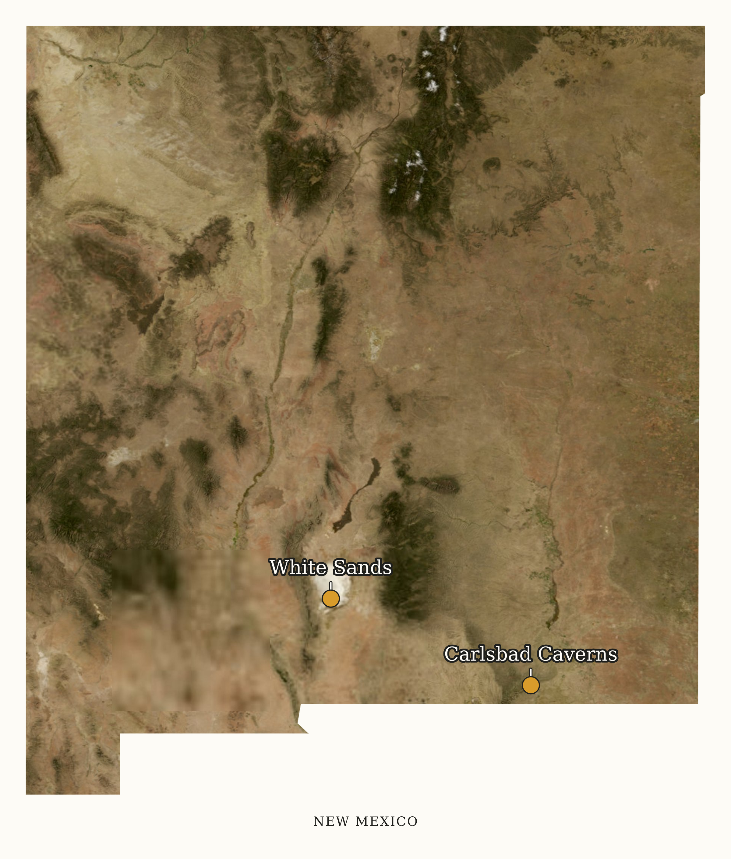 New Mexico National Parks map: labeled satellite map, showing 2 locations: Carlsbad Caverns, White Sands