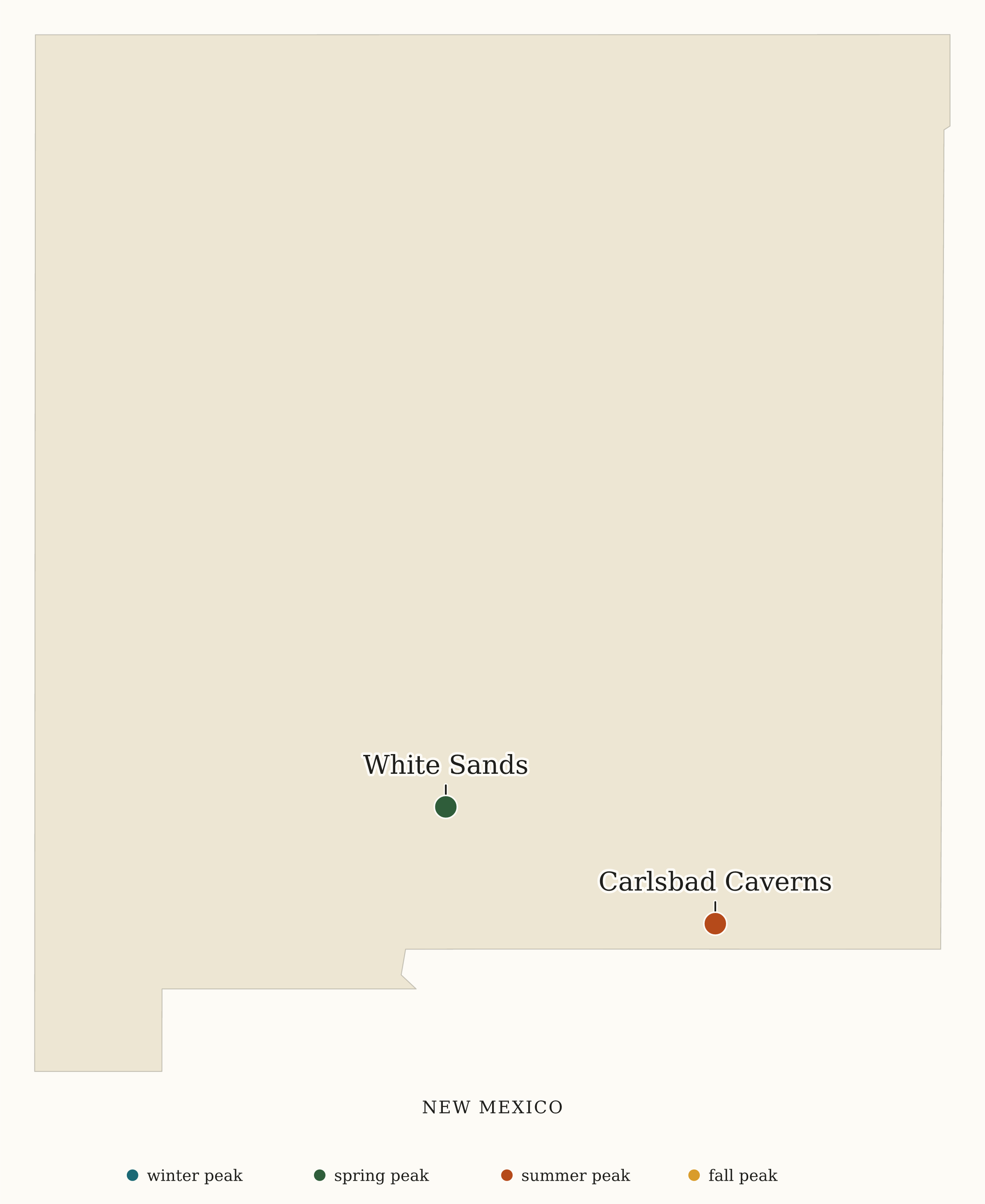 New Mexico National Parks map: busiest-season map, showing 2 locations: Carlsbad Caverns, White Sands