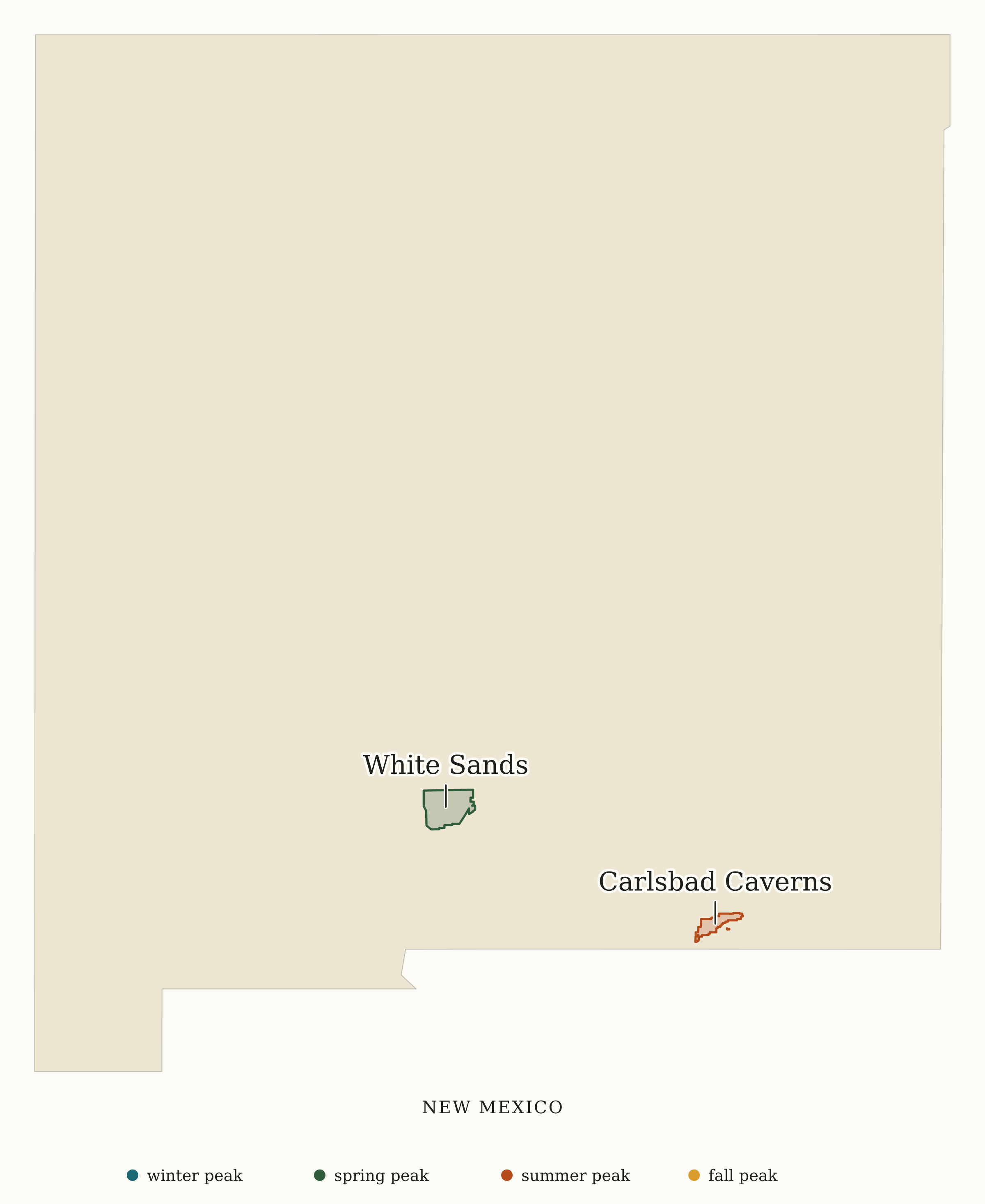 New Mexico National Parks map: busiest-season map, showing 2 locations: Carlsbad Caverns, White Sands