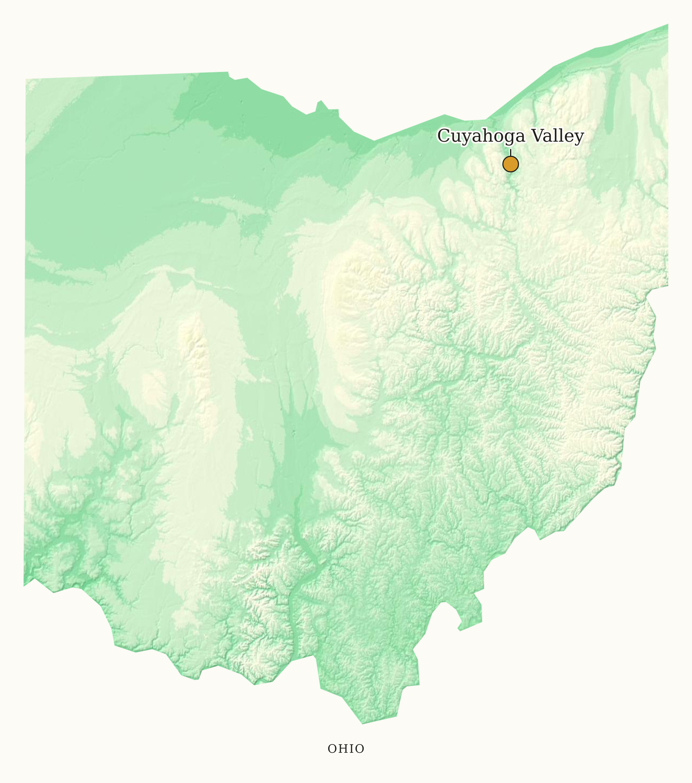 Ohio National Parks map: elevation tint map, showing 1 locations: Cuyahoga Valley