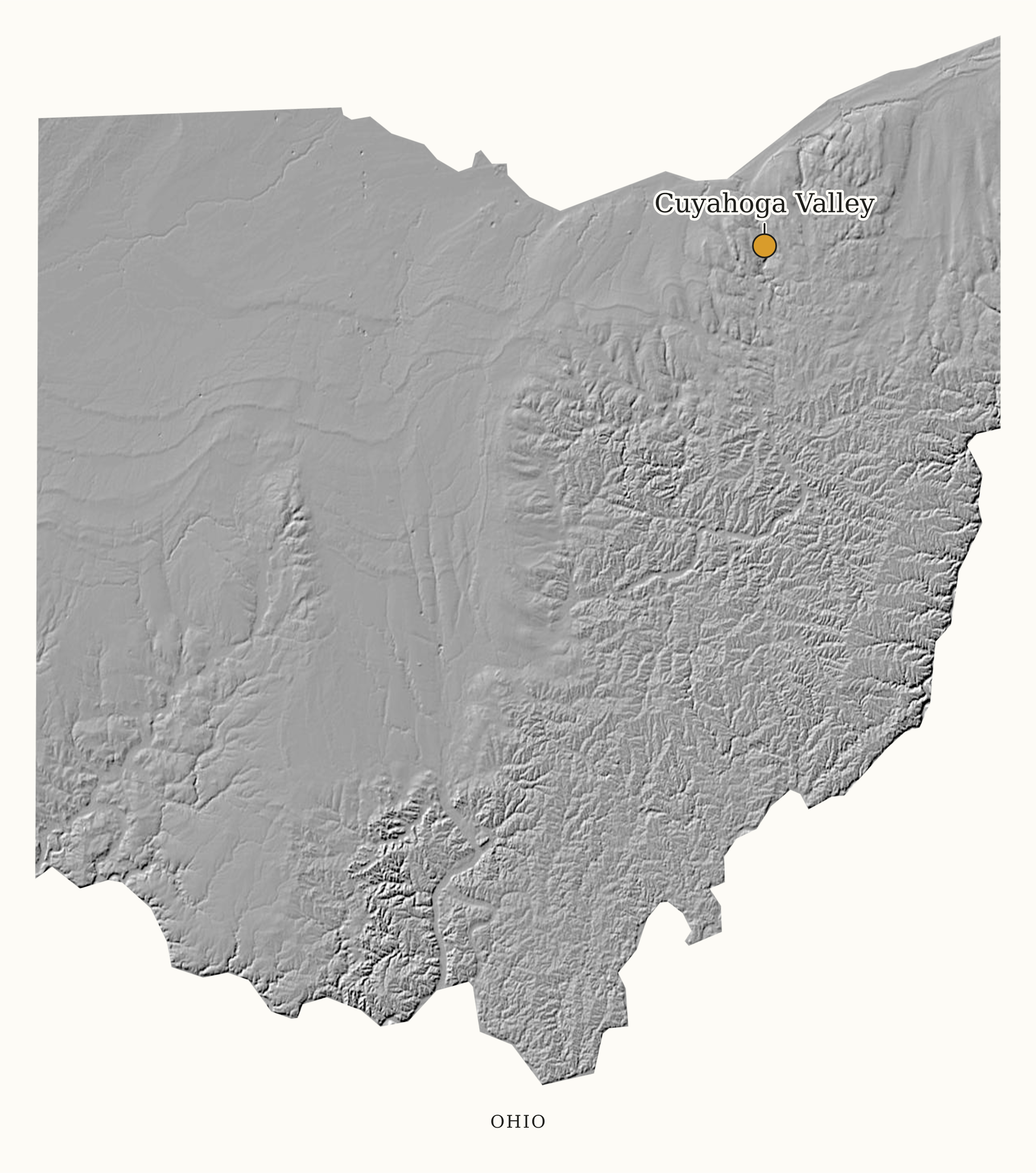 Ohio National Parks map: shaded relief map, showing 1 locations: Cuyahoga Valley